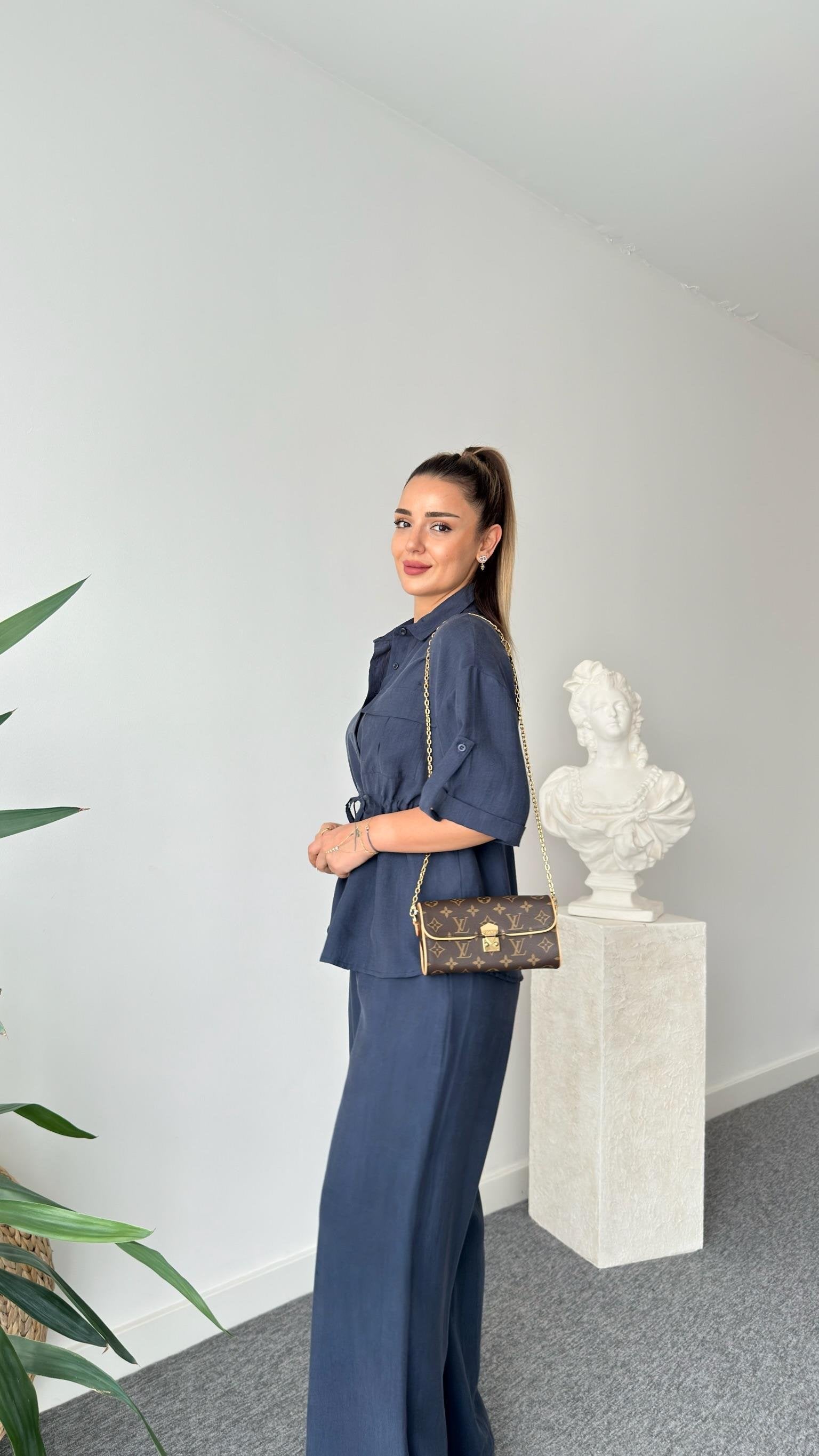 Navy Blue Breva Waist Pleated Tencel Suit