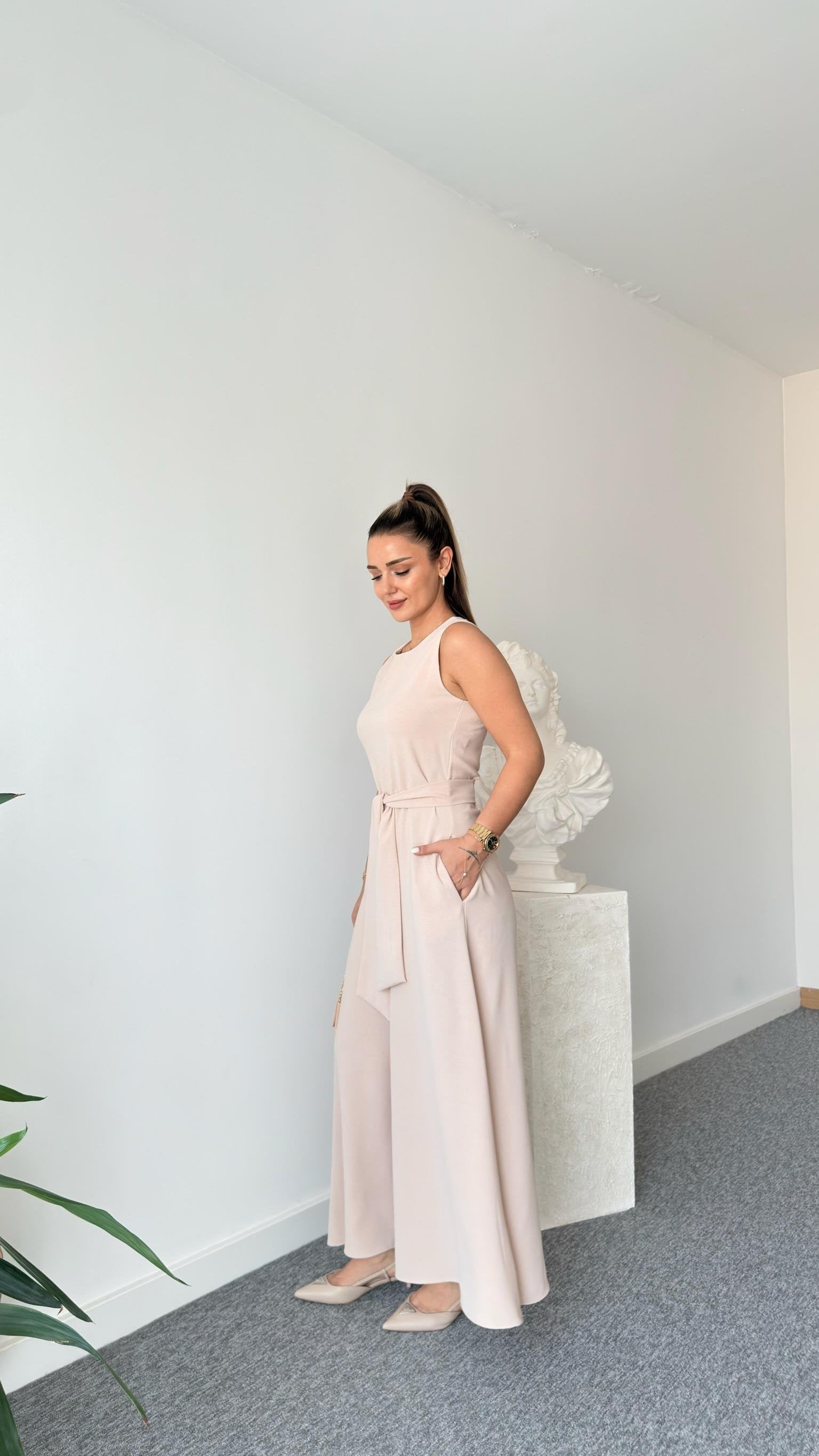 Carta Belted Beige Wide Leg Jumpsuit