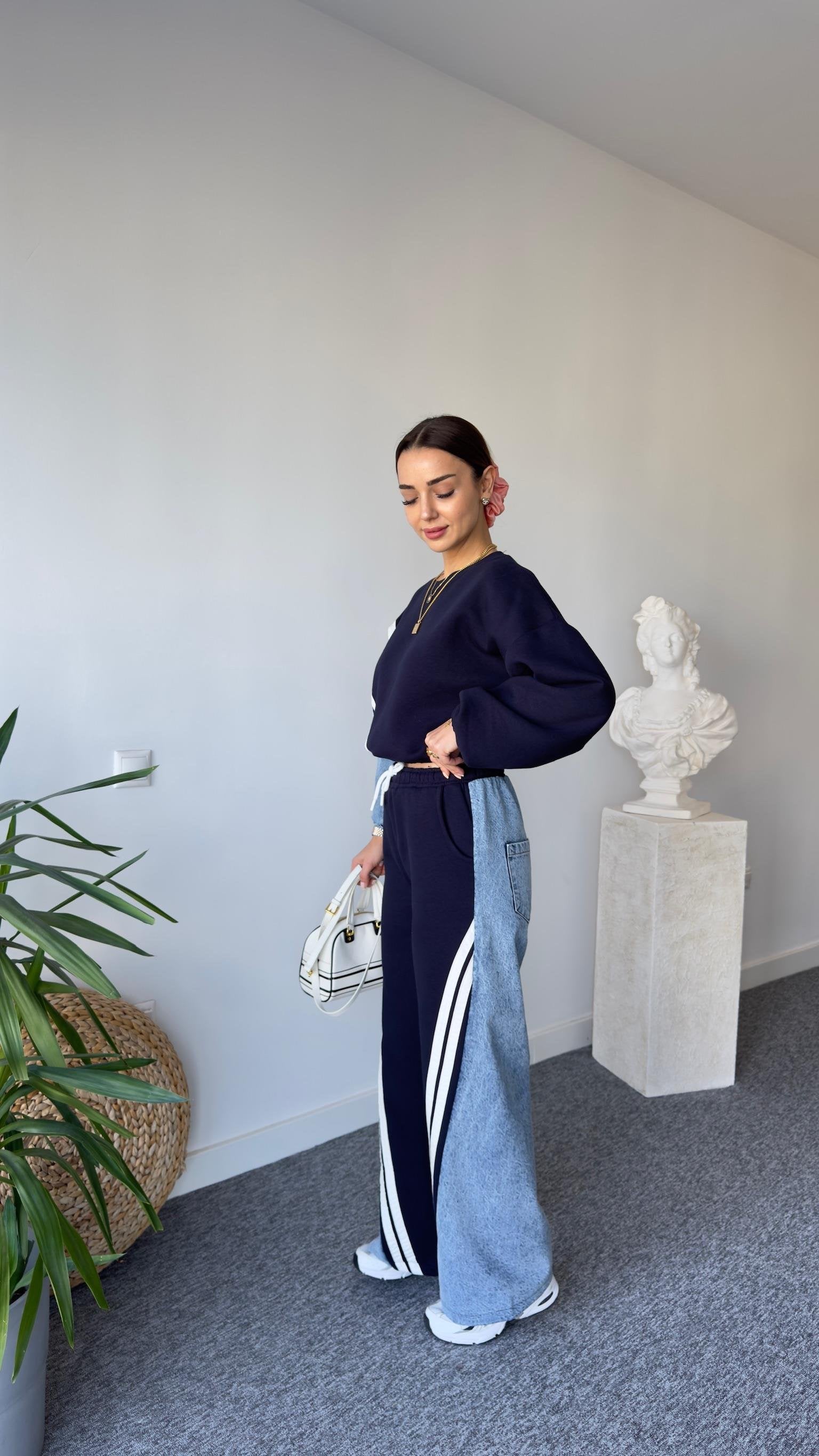 Liyz Striped Denim Detail Navy Tracksuit