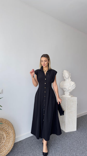 Jene Button-Down Pleated Black Dress