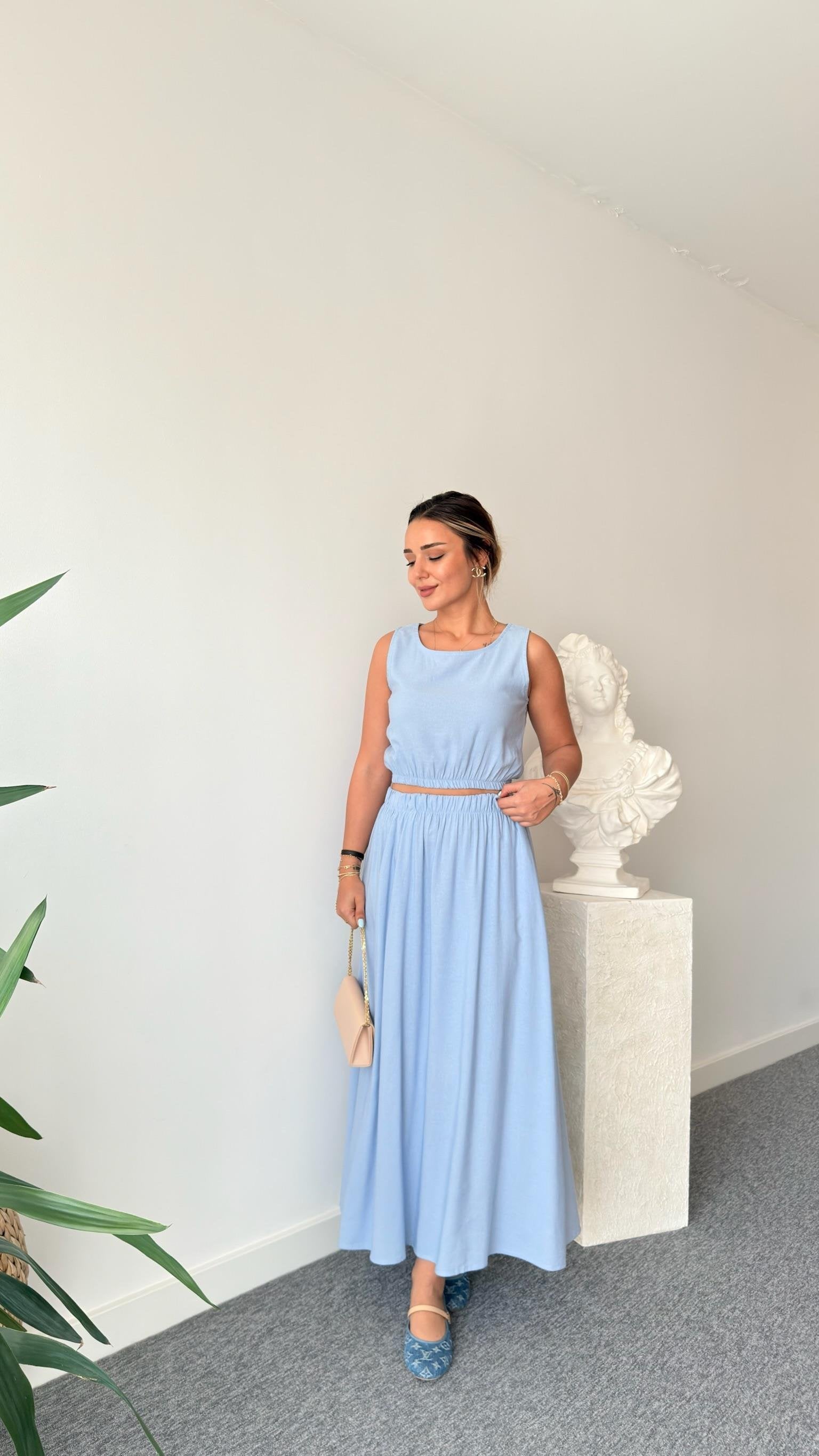 Blue Linen Skirt Crop Suit