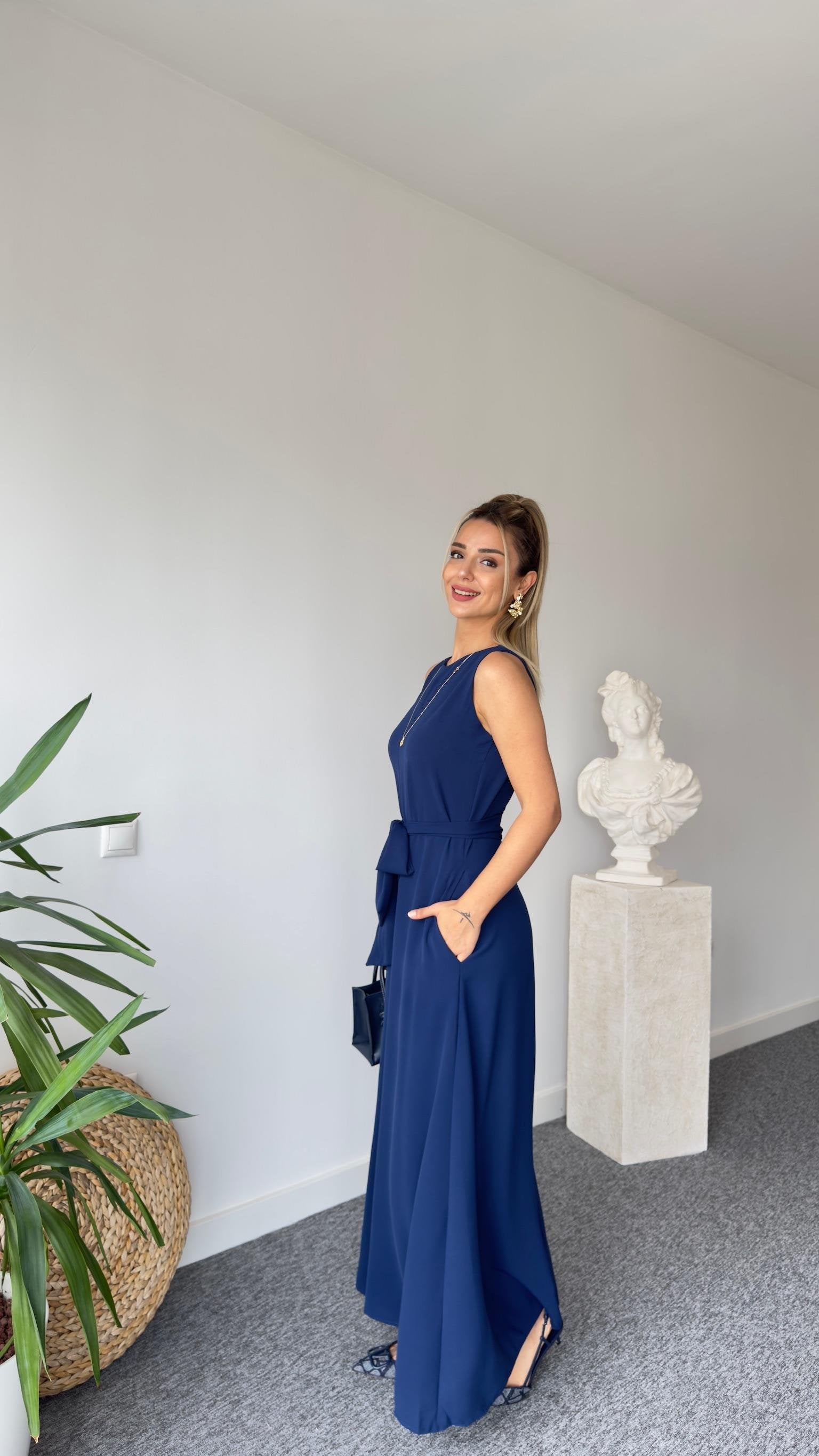 Carta Belted Navy Blue Wide Leg Jumpsuit