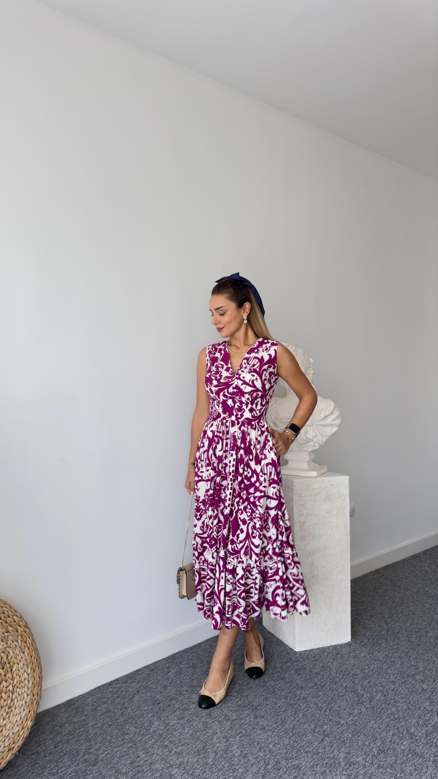 Double-Breasted Patterned Fuchsia Dress