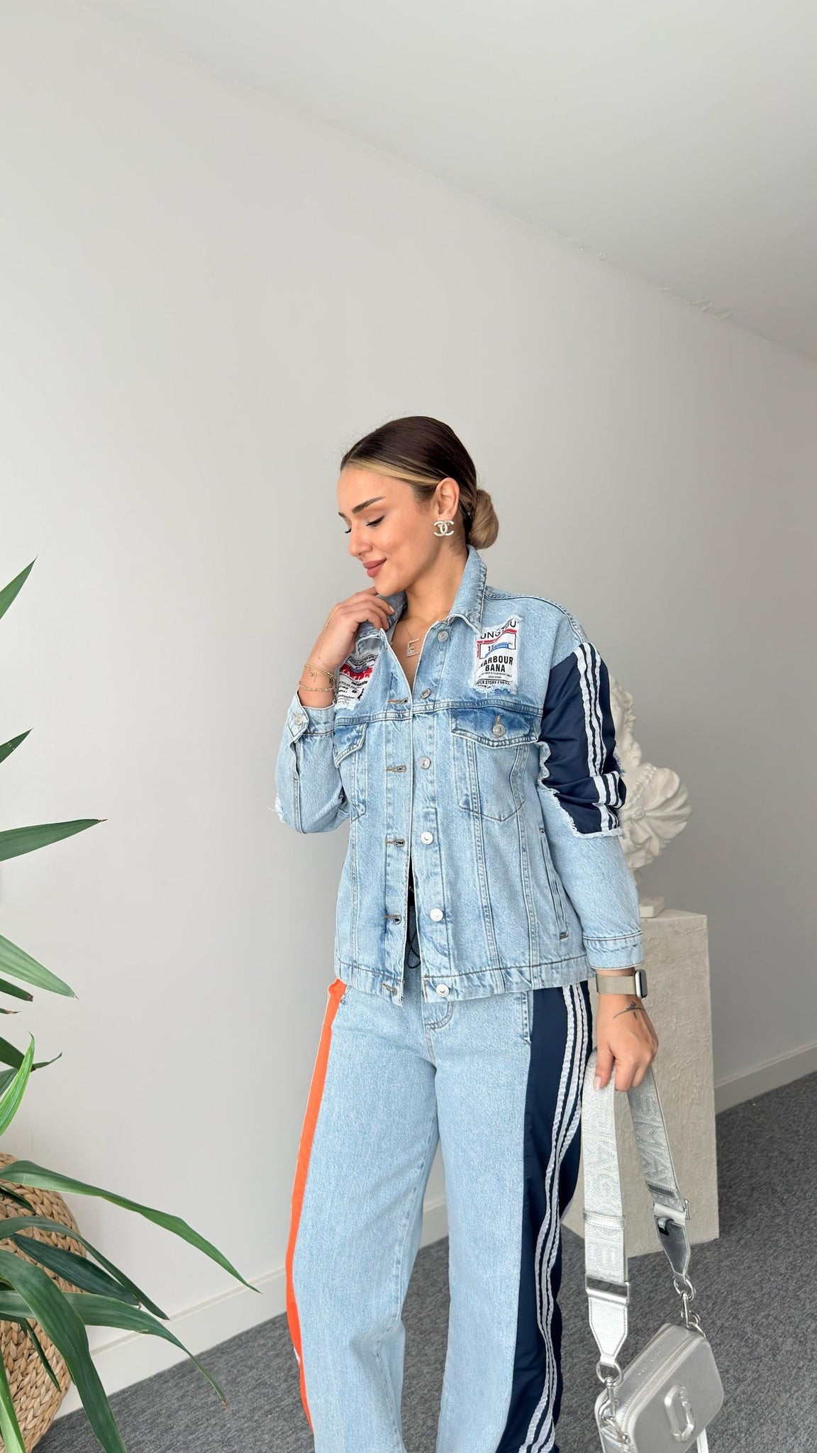 Breet Orange Color Transitional Design Jean Suit