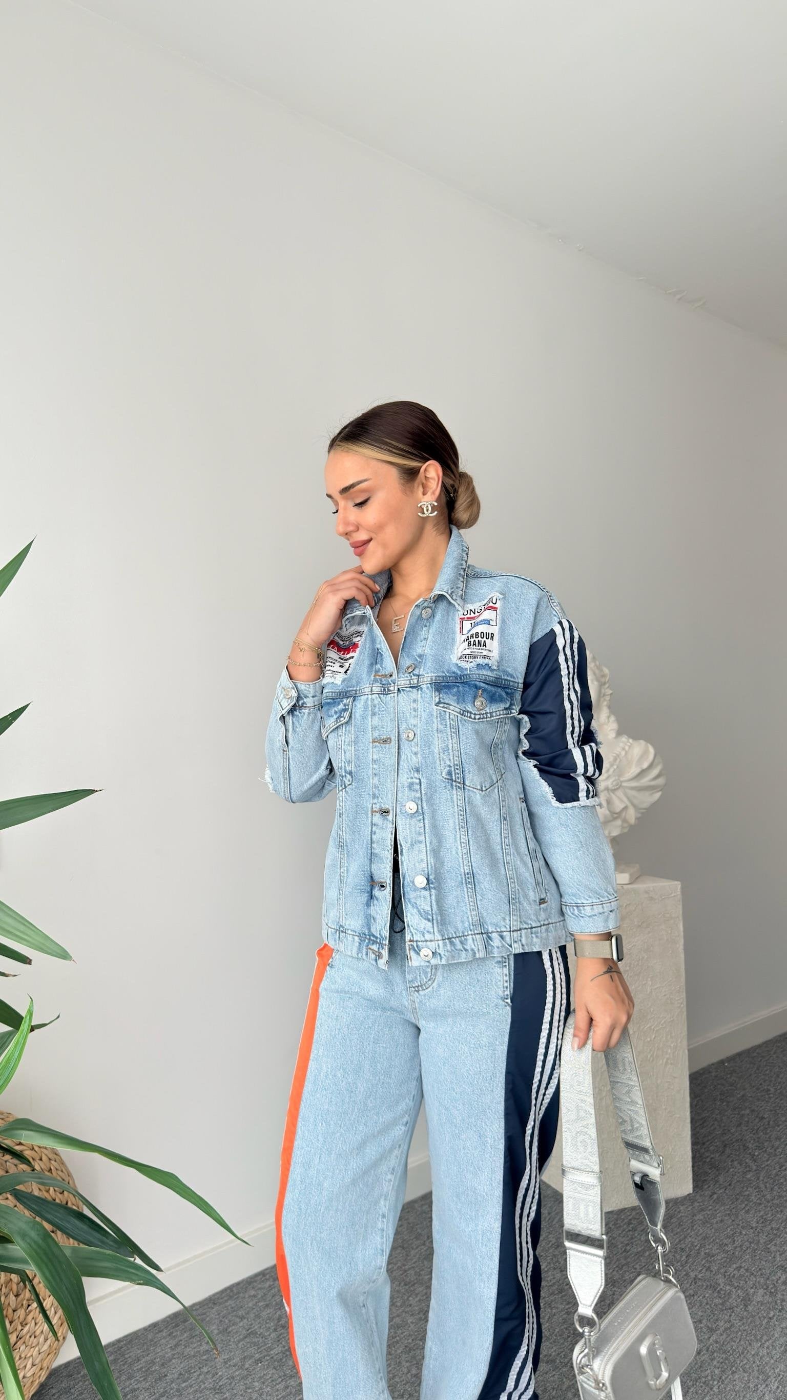 Breet Orange Color Transitional Design Jean Suit