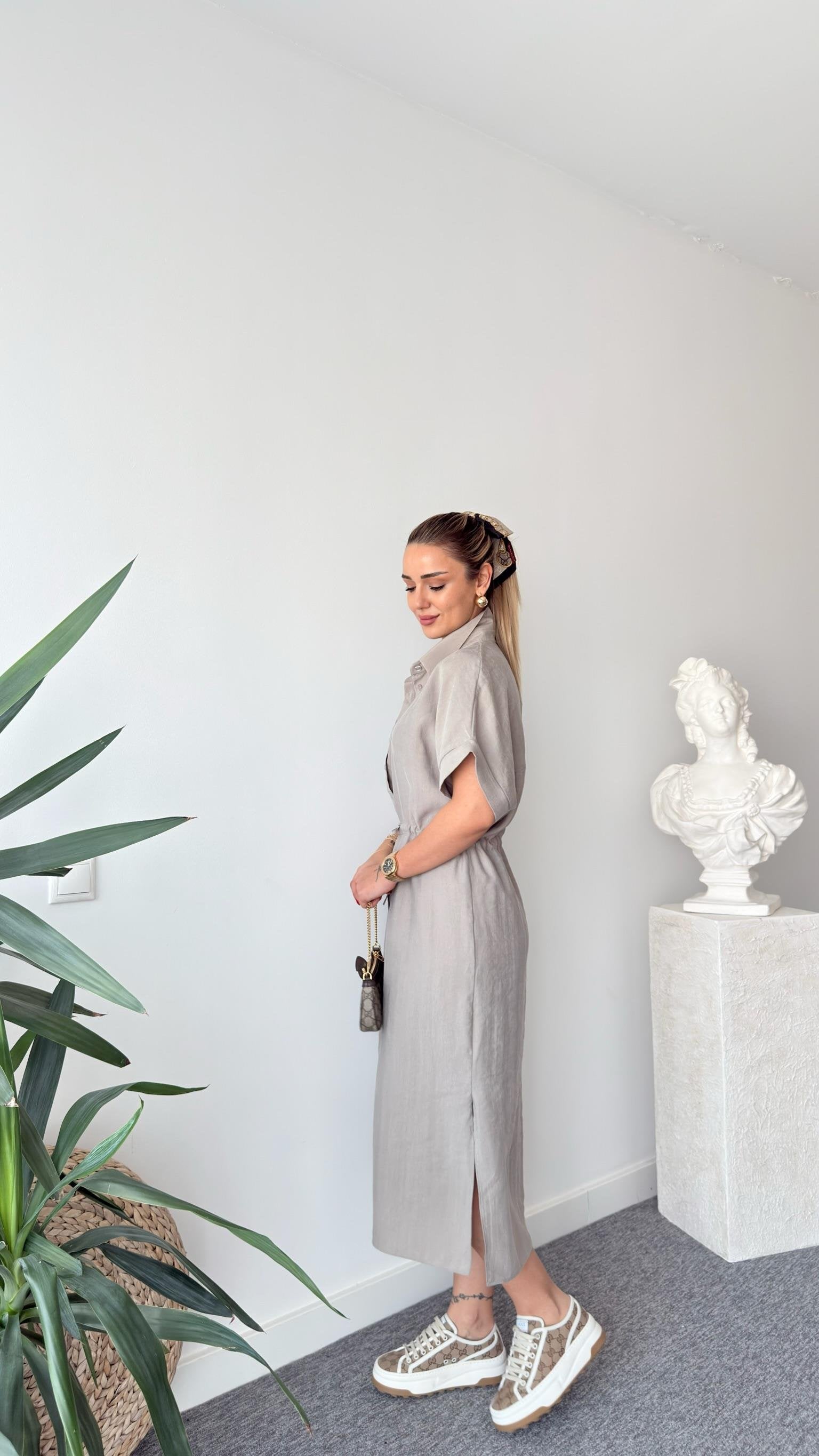 Light Khaki Toles Waist Gathered Massi Dress