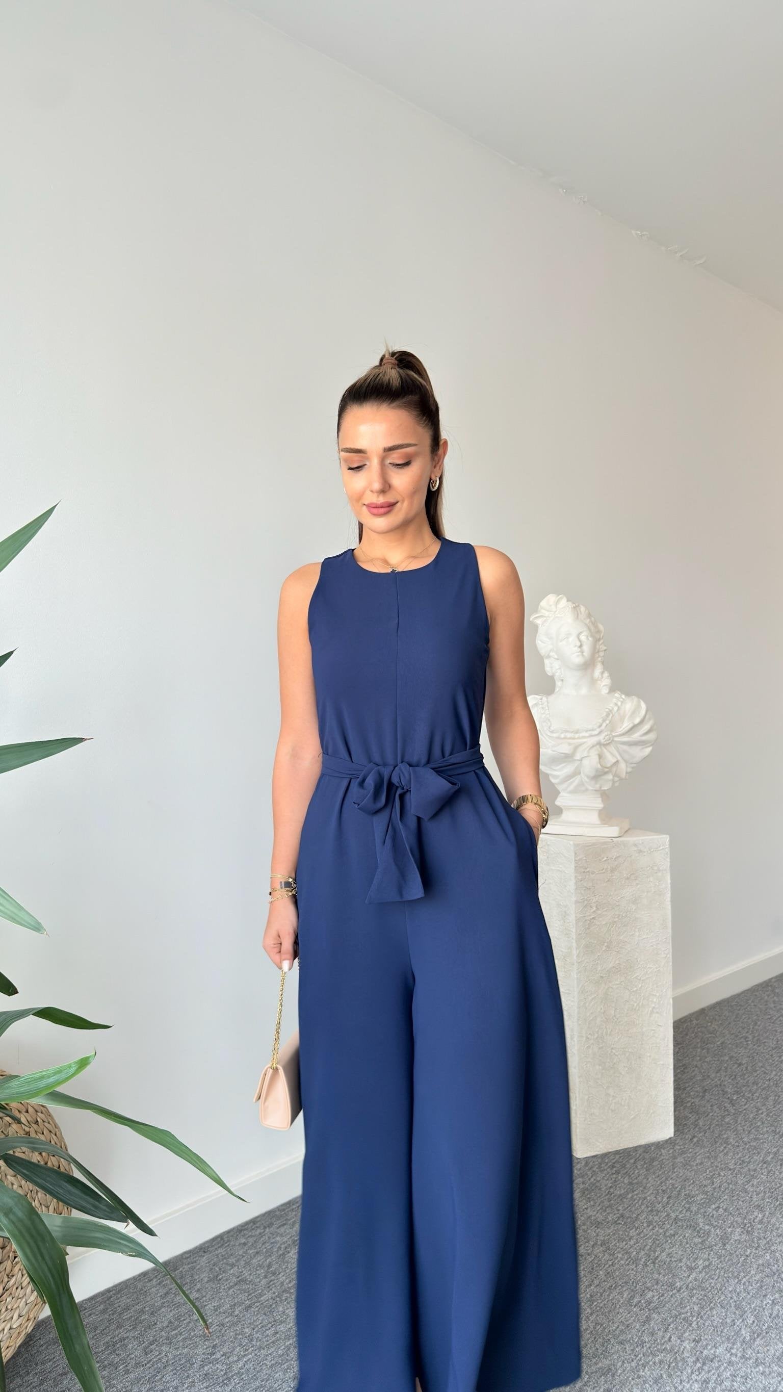 Carta Belted Navy Blue Wide Leg Jumpsuit