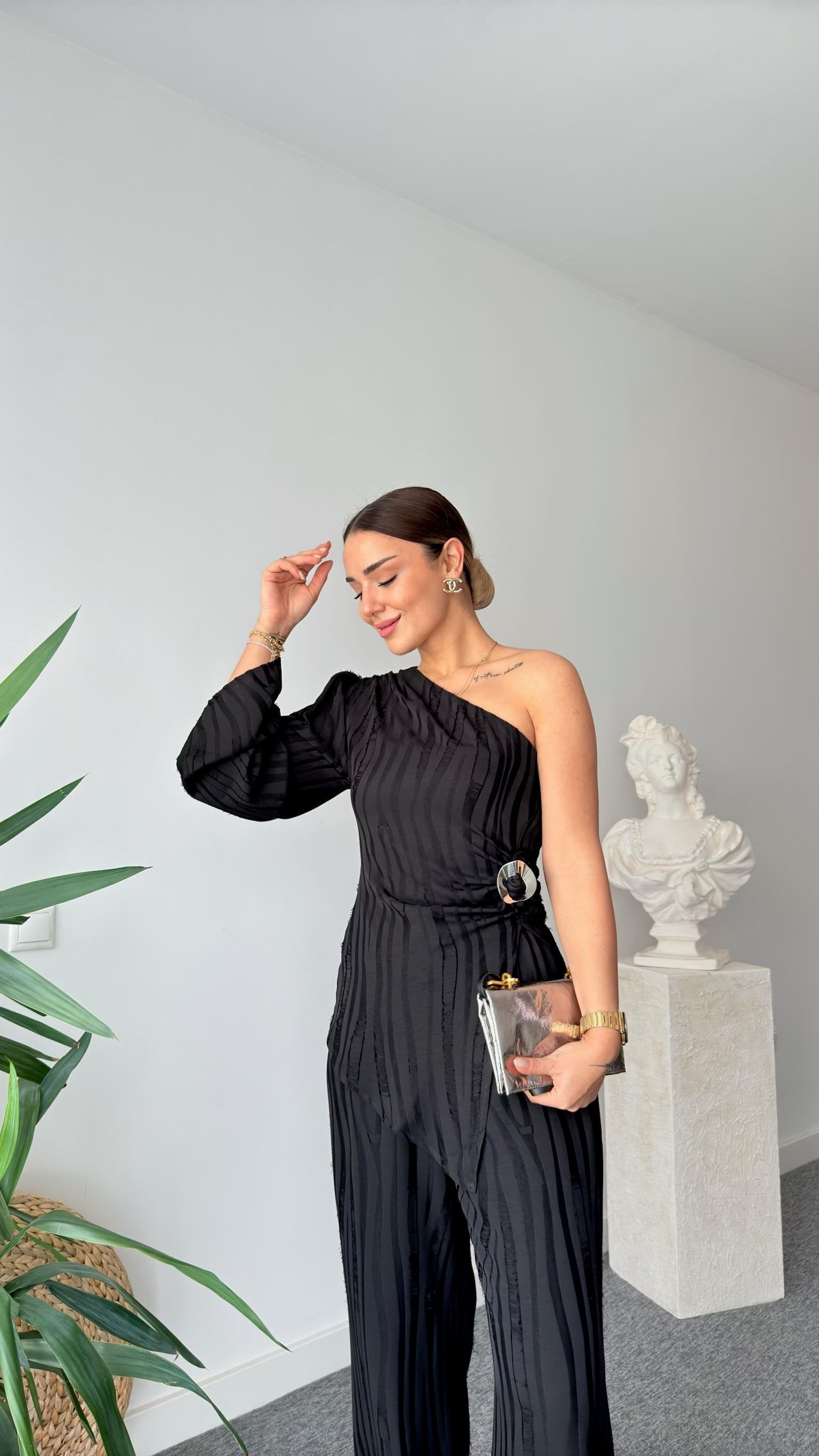 Black Usez One Shoulder Blouse Trouser Set