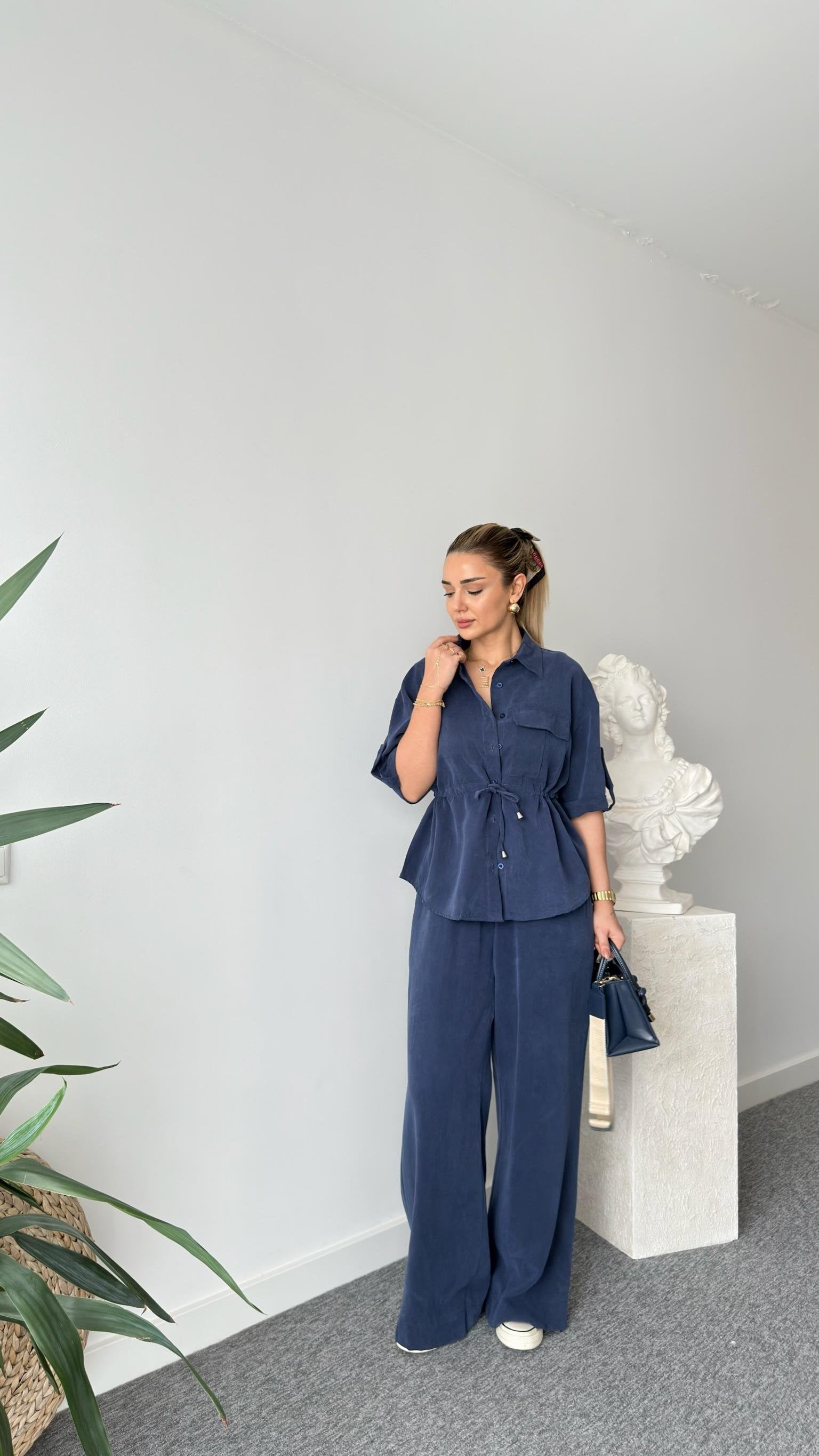 Navy Blue Neva Waist Pleated Tencel Suit
