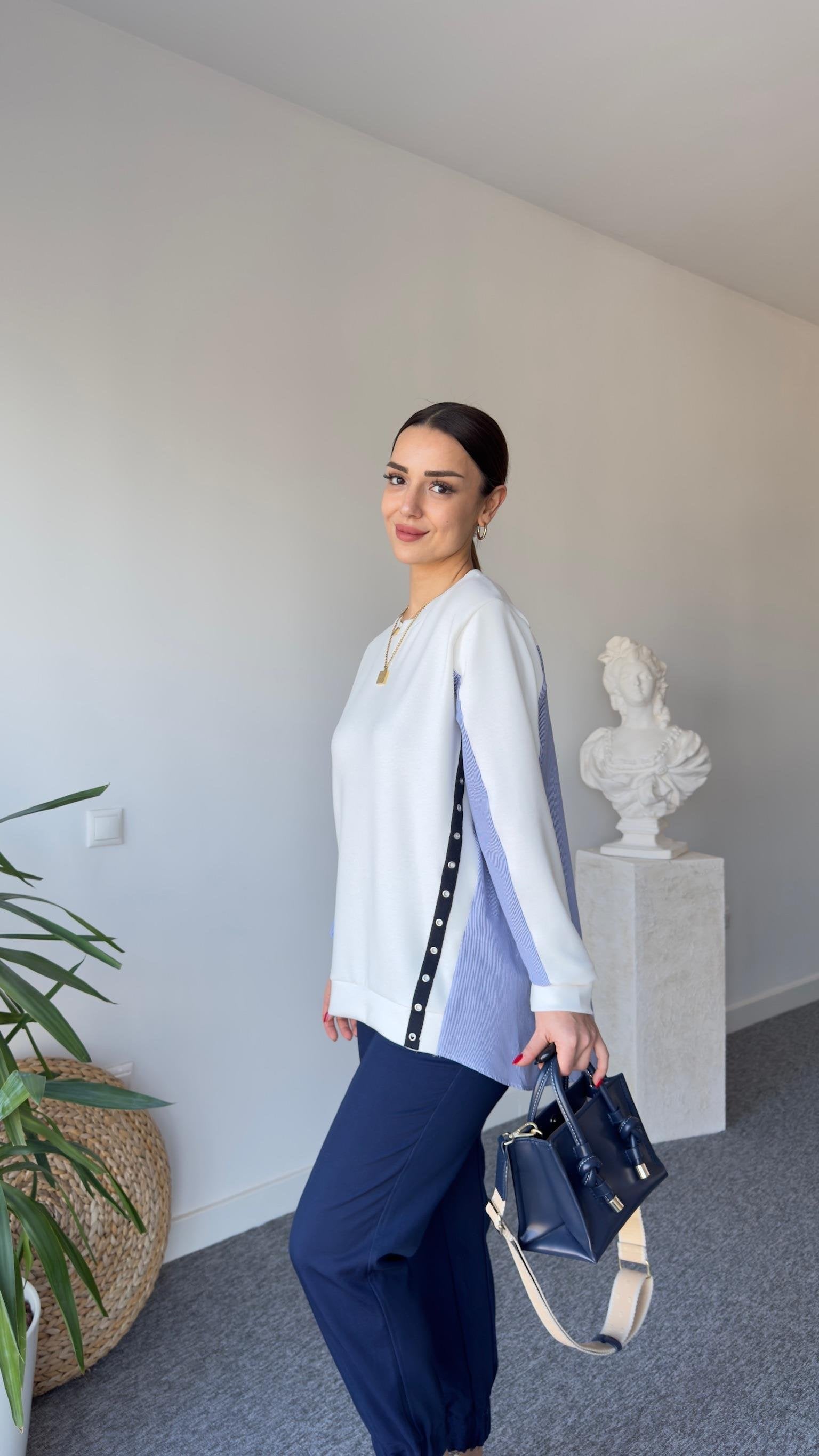 White Modal Sweater with Buttoned Back Poplin Detail