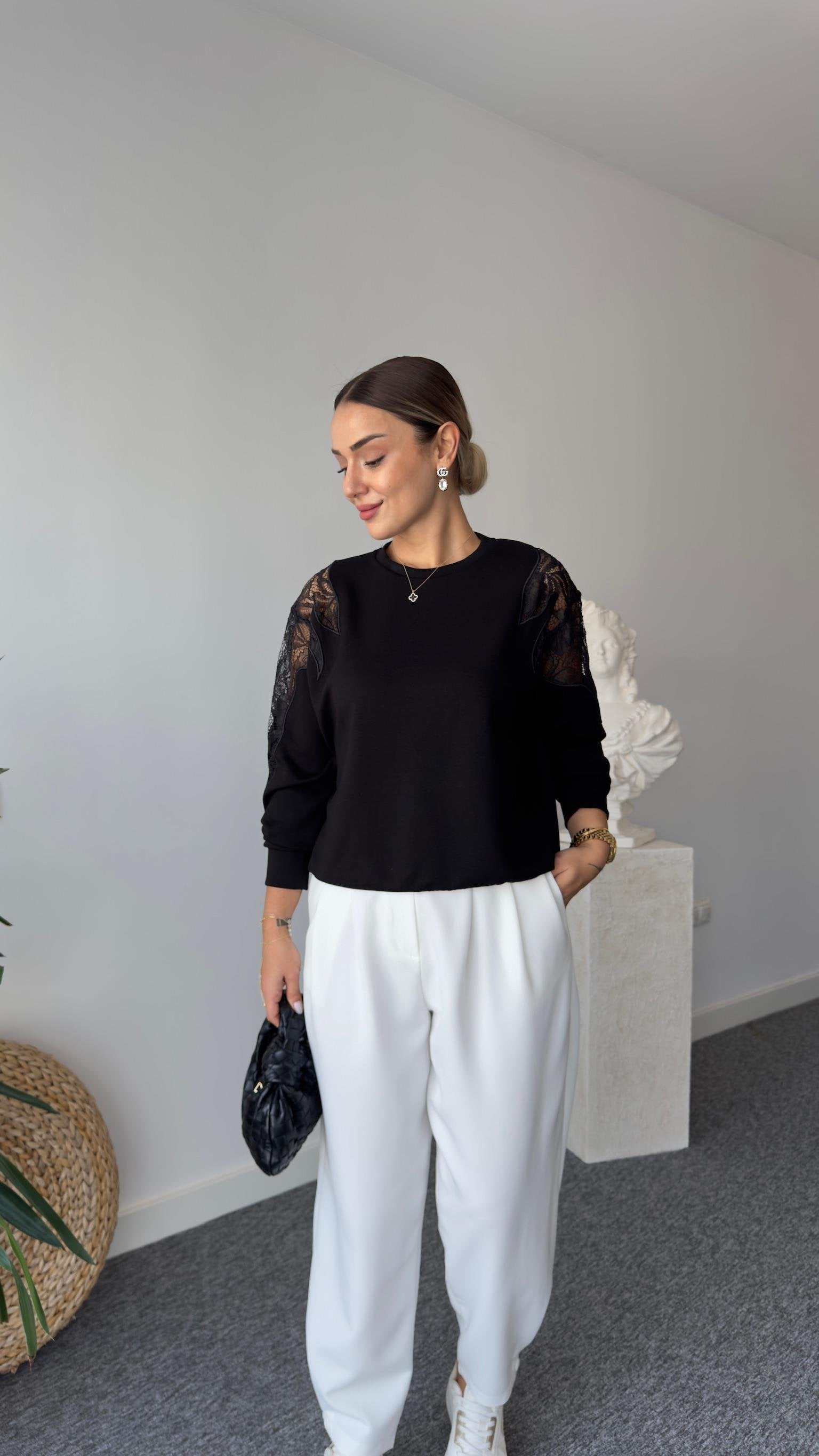 Laser Guipure Embroidered Black Modal Sweater