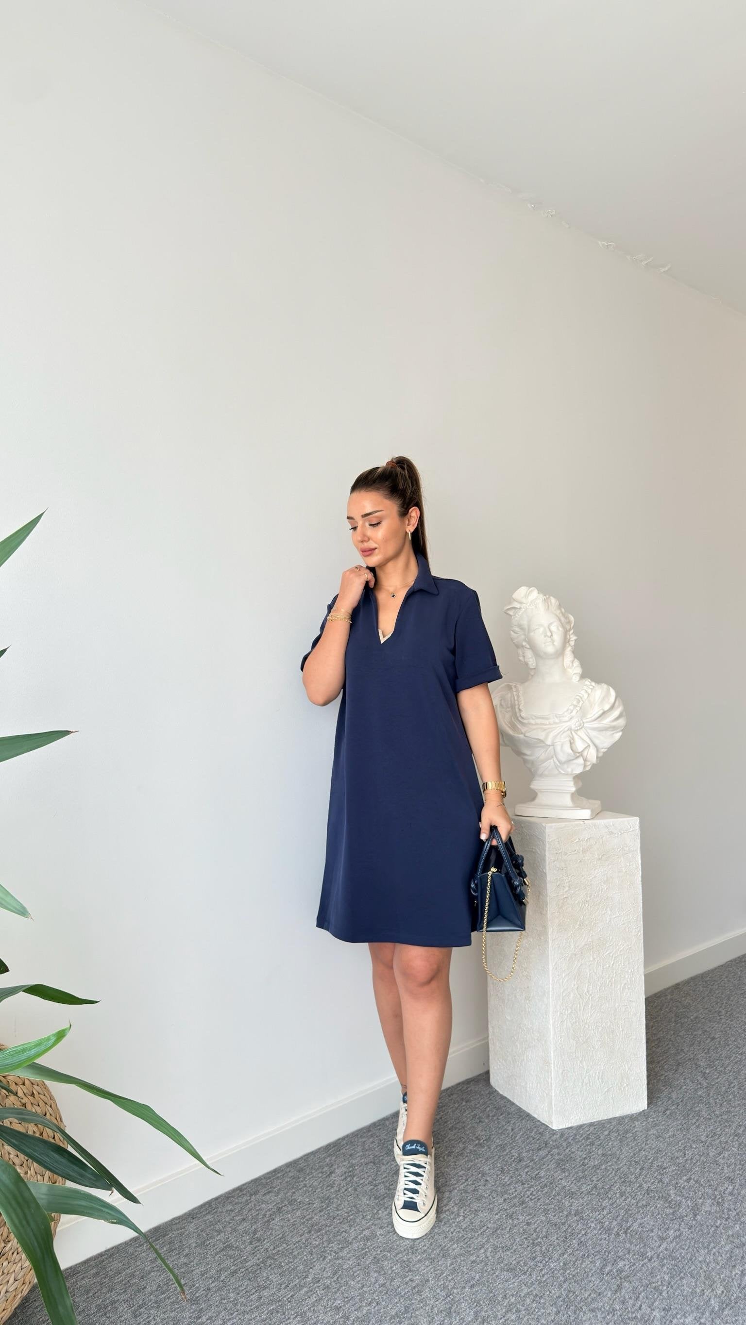 Navy Blue Rifa Modal Dress with Gold Accessories