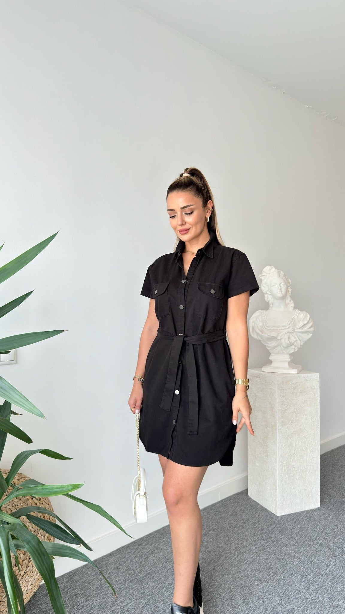Black Heren Belted Gabardine Dress