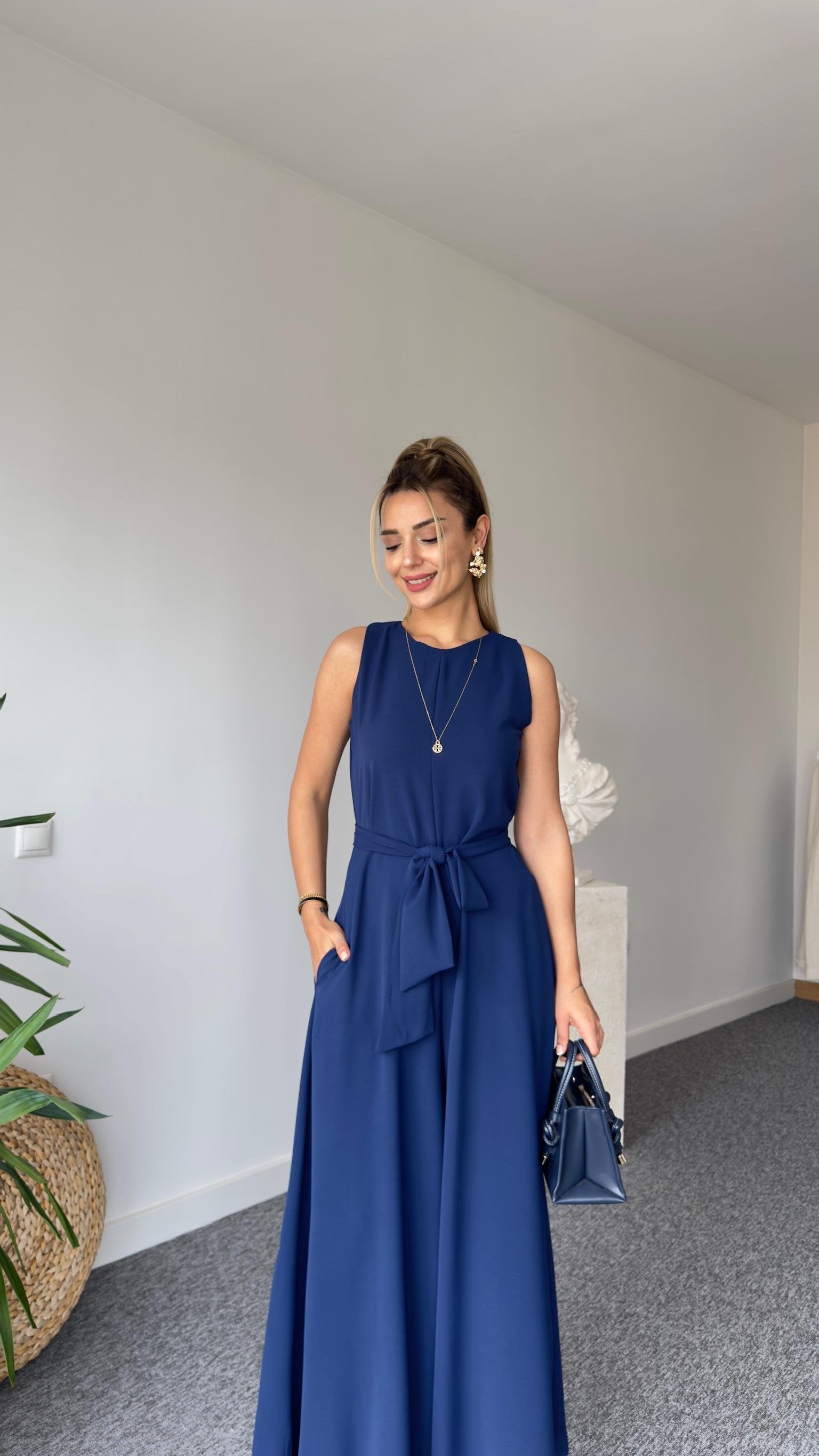 Carta Belted Navy Blue Wide Leg Jumpsuit