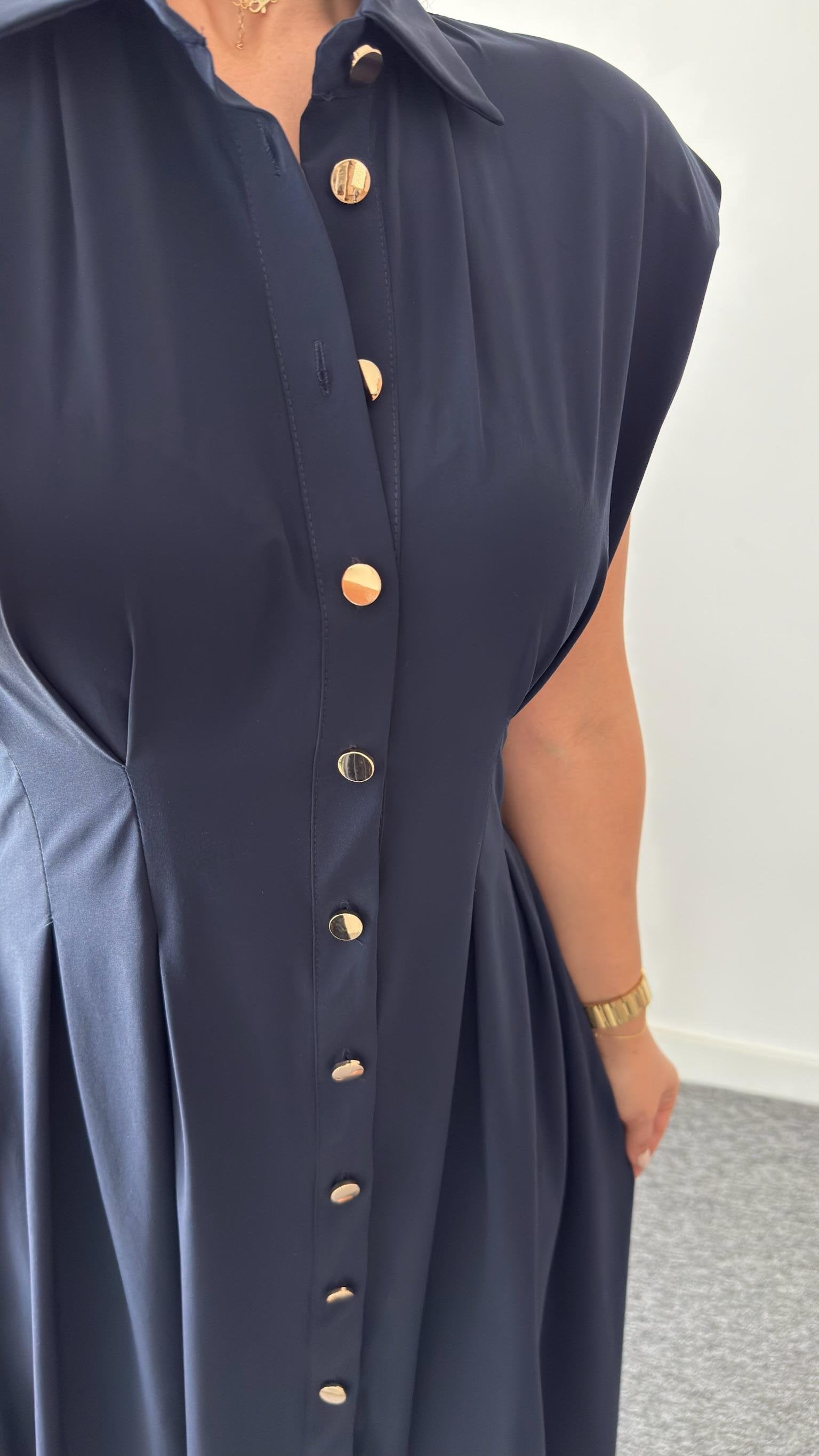 Navy Blue Jene Button-Down Pleated Dress