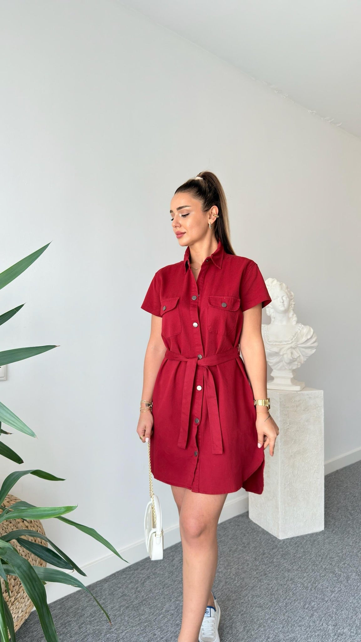 Burgundy Heren Belted Gabardine Dress