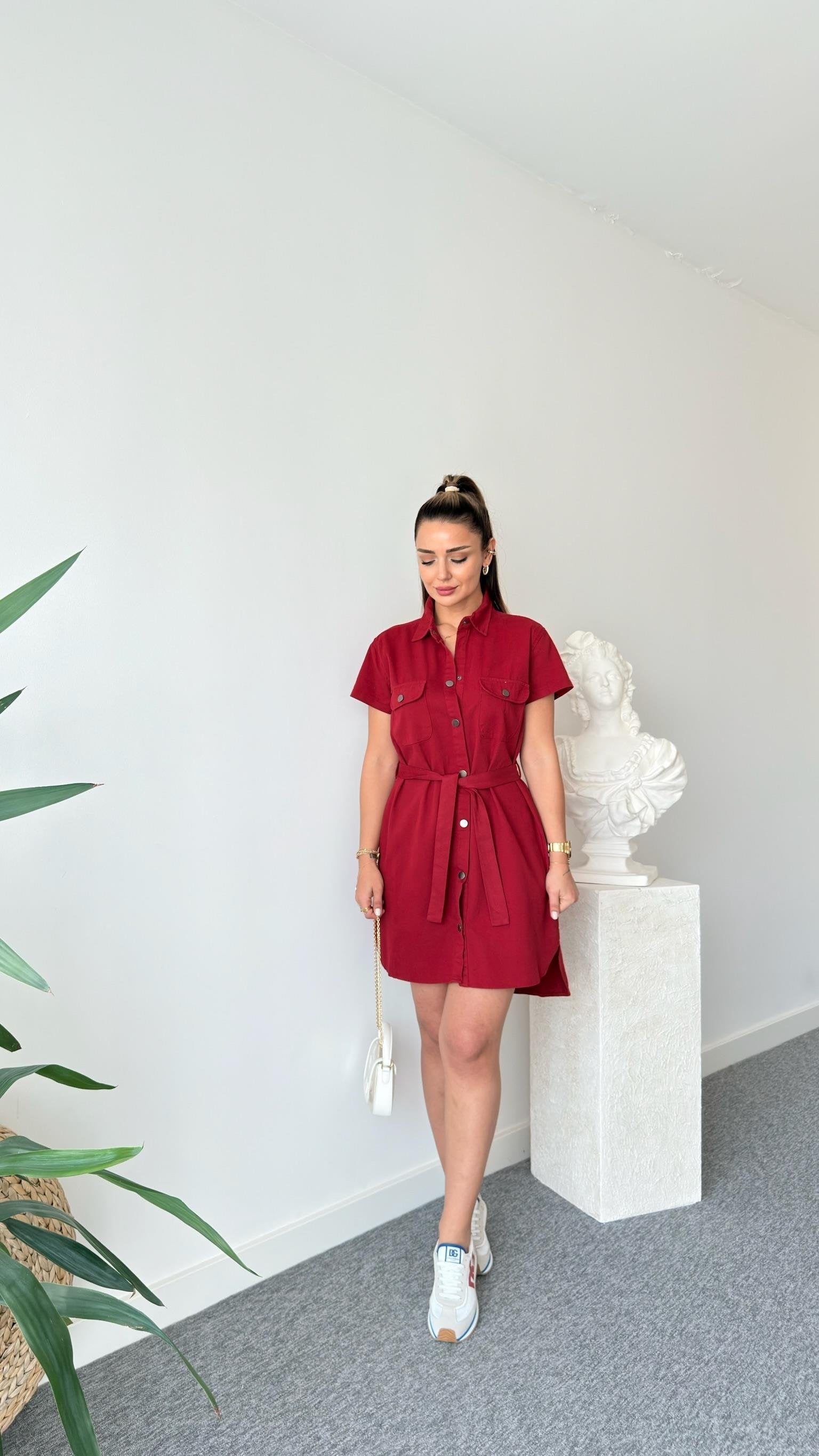Burgundy Heren Belted Gabardine Dress