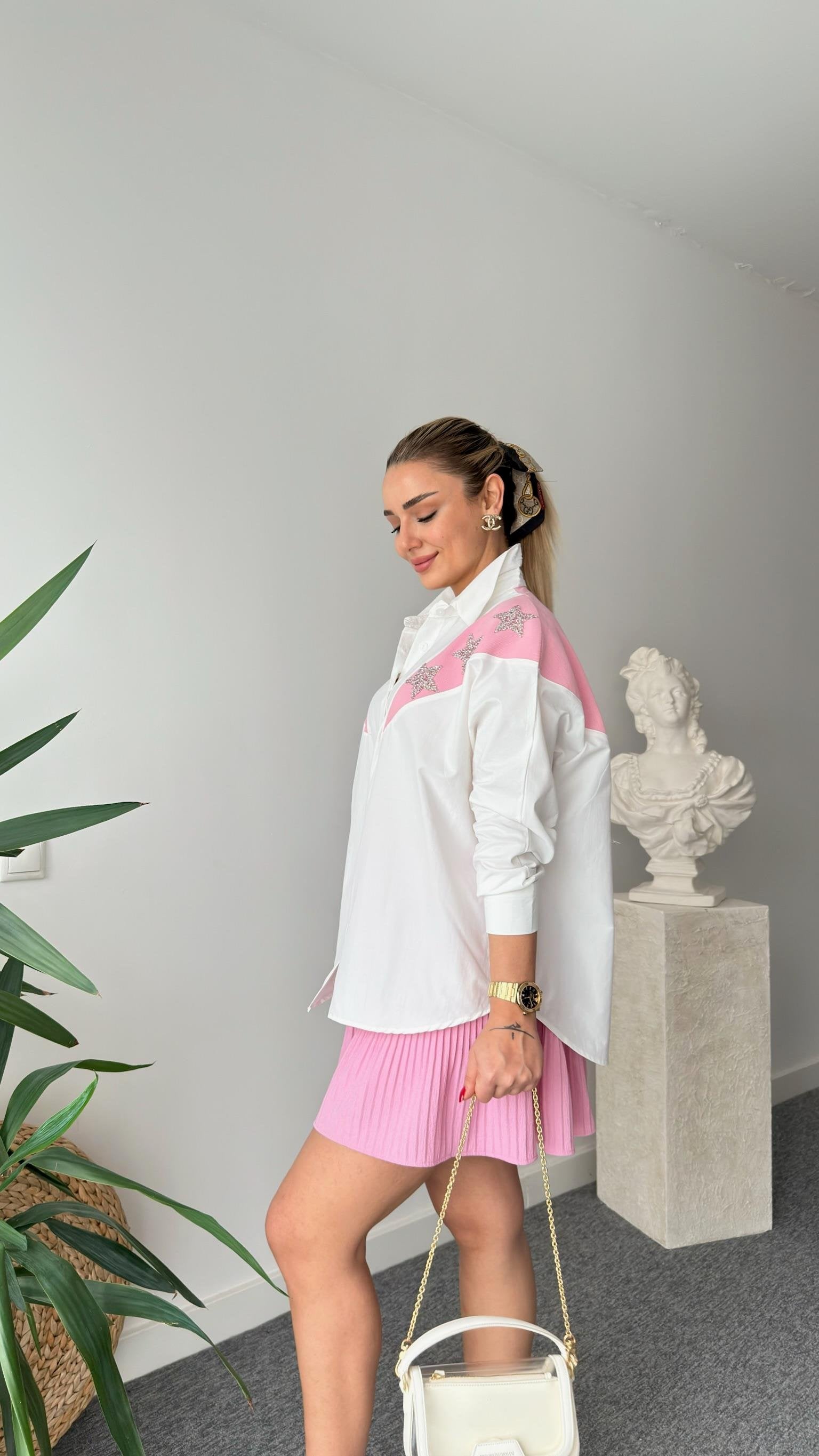 White Shirt with Pink Star Stone Detail