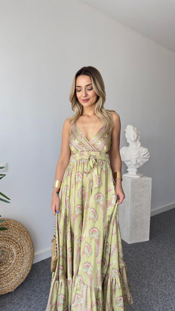 Green Ethnic Pattern Satin Premium Dress