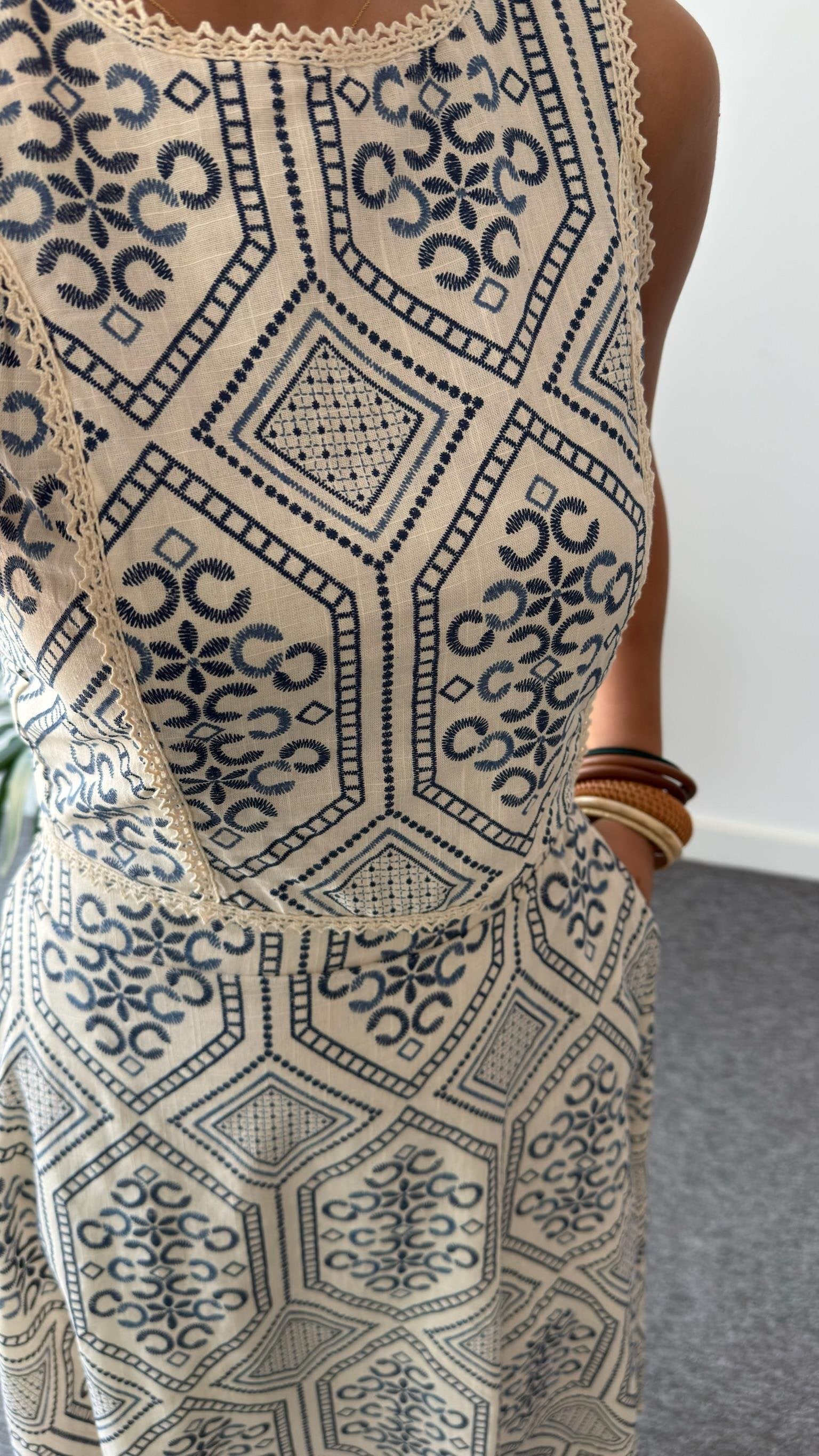 Navy Blue Linen Patterned Skirt Suit