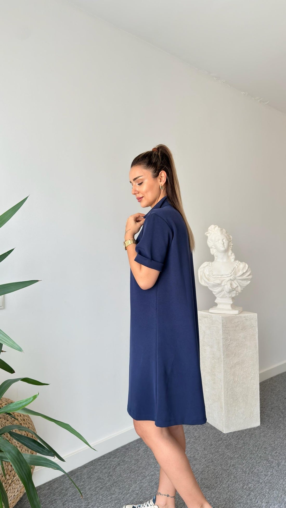 Navy Blue Rifa Modal Dress with Gold Accessories