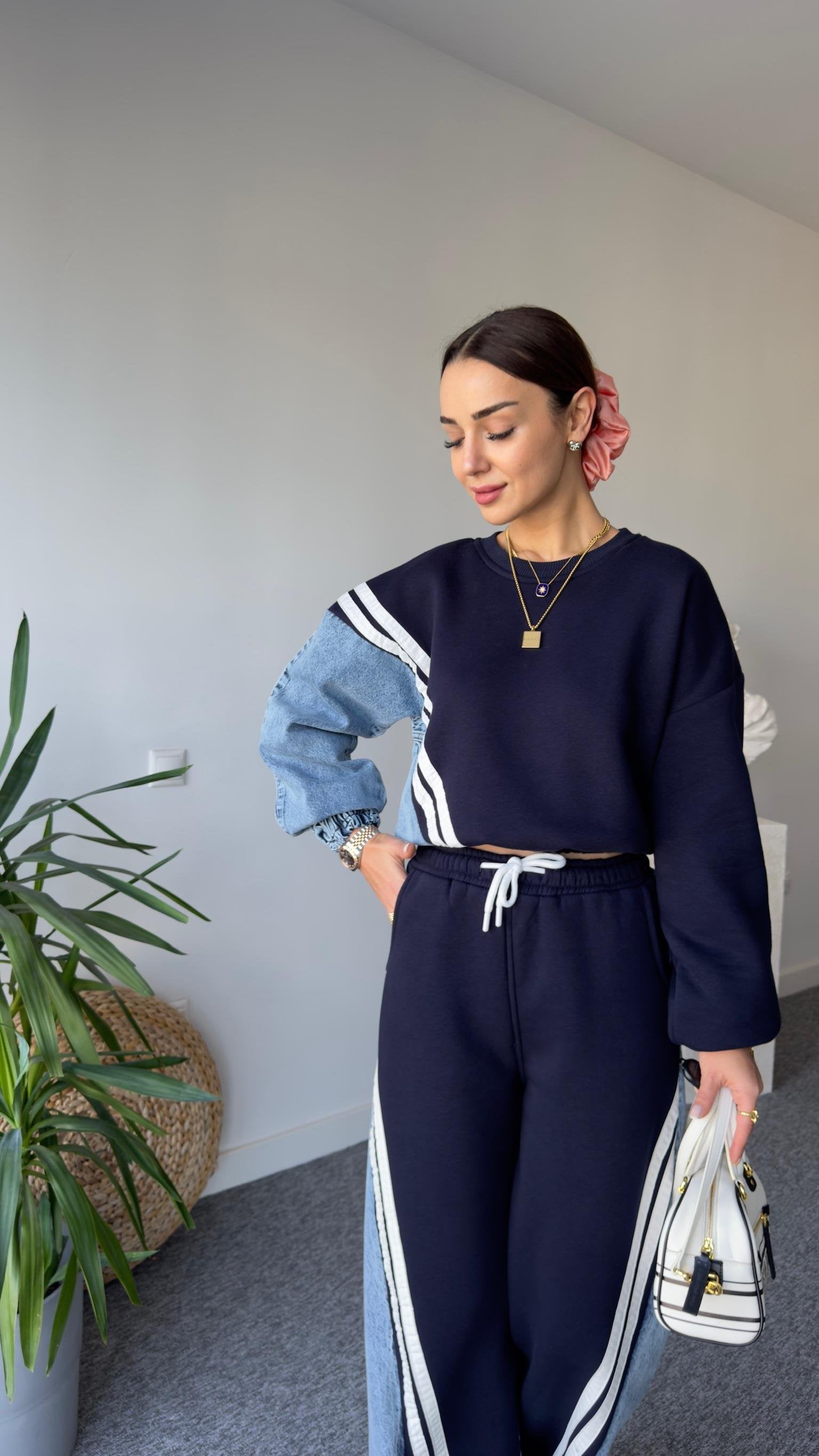 Liyz Striped Denim Detail Navy Tracksuit