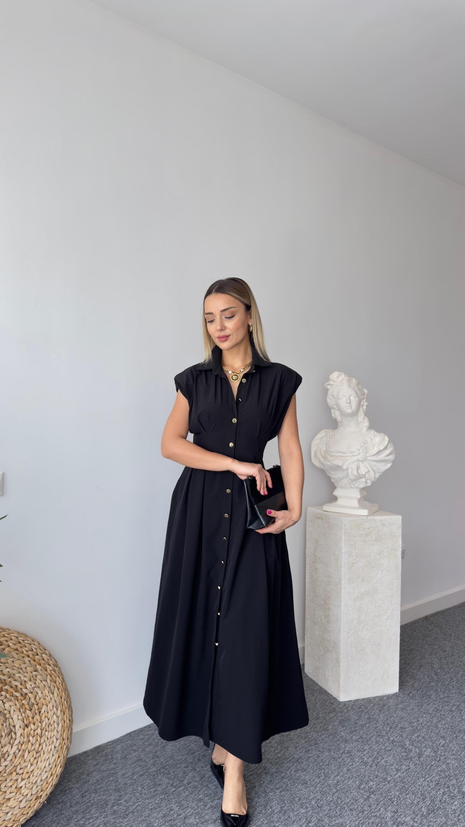 Jene Button-Down Pleated Black Dress