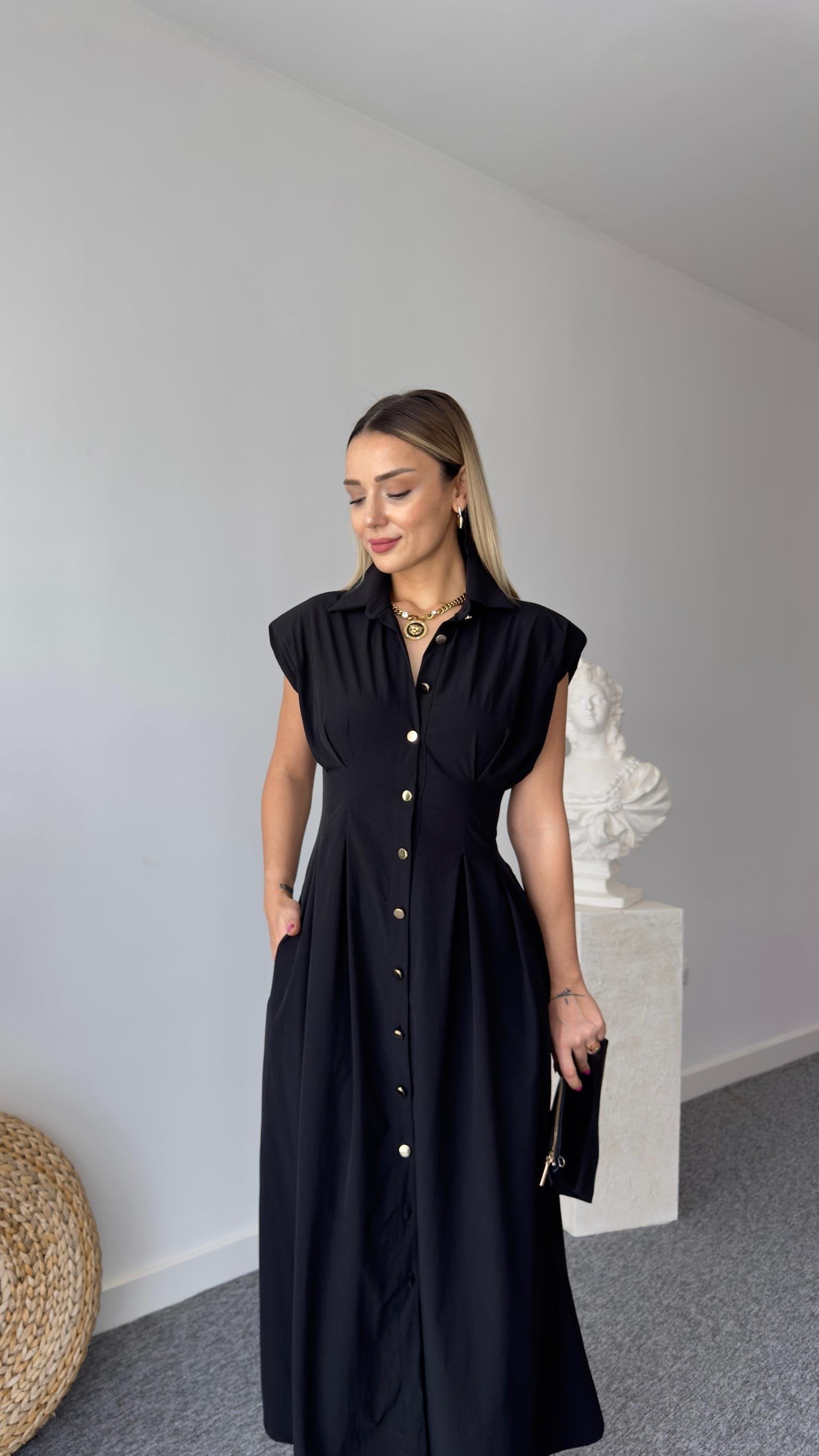 Jene Button-Down Pleated Black Dress