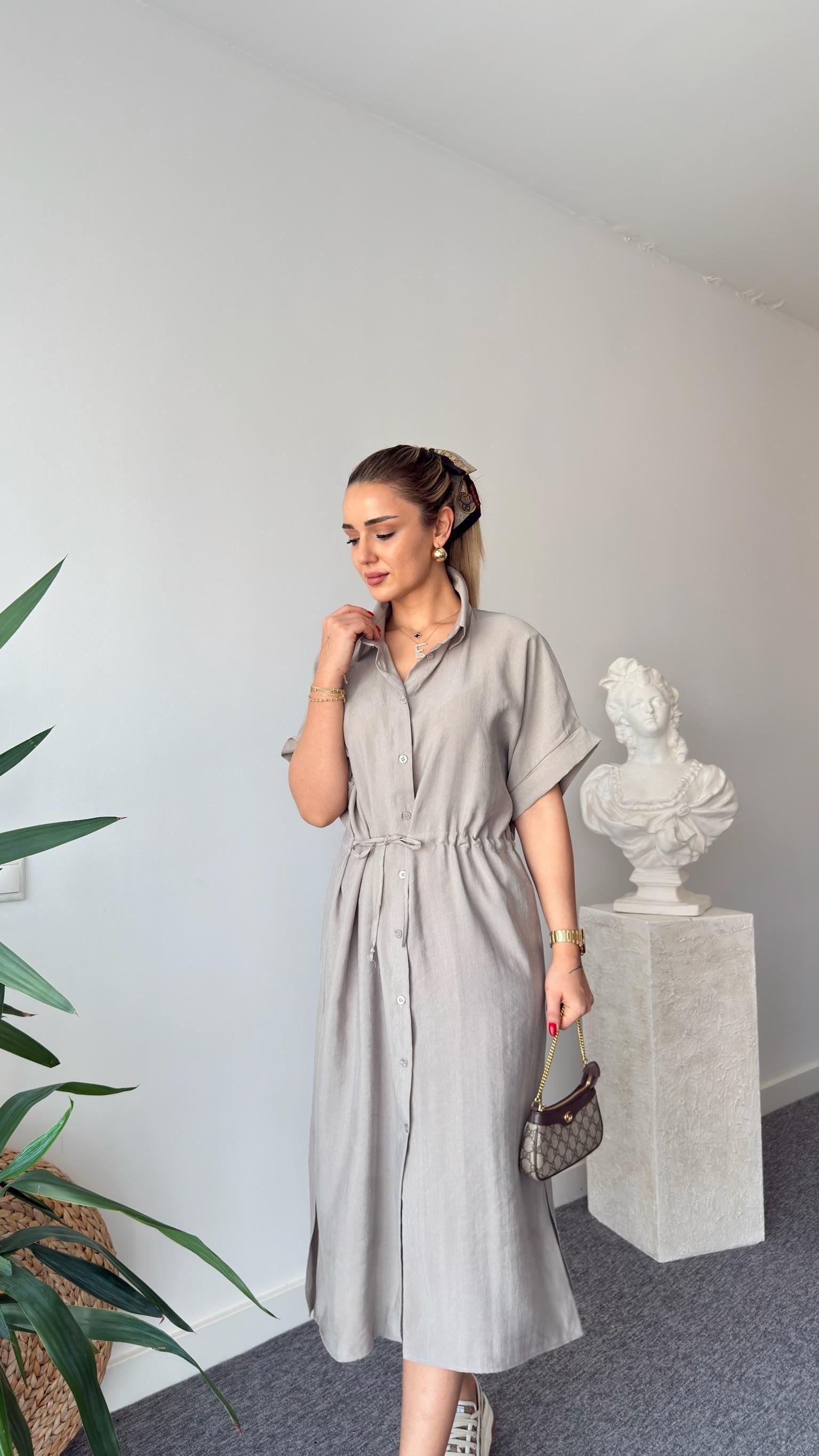 Light Khaki Toles Waist Gathered Massi Dress