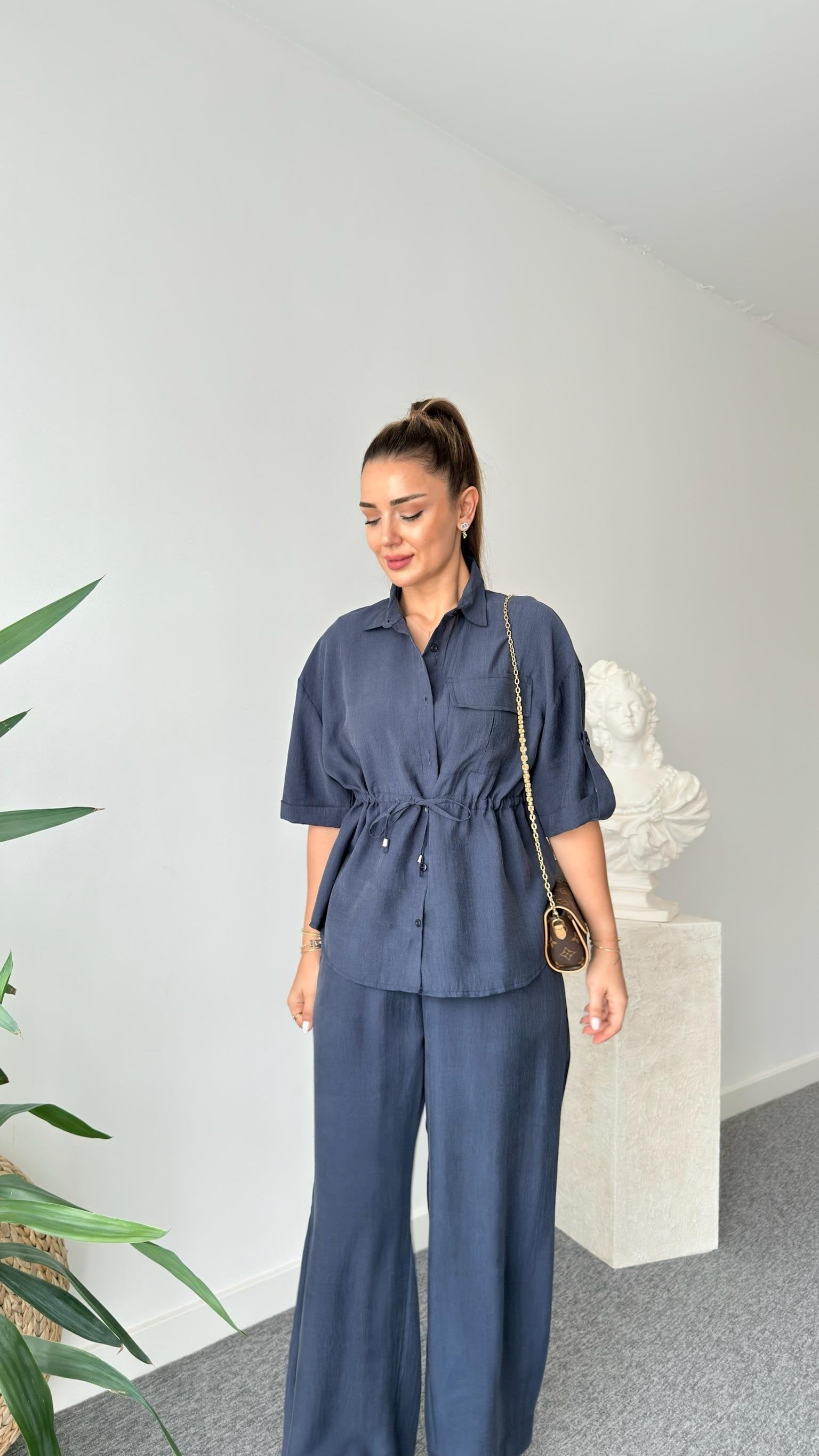 Navy Blue Breva Waist Pleated Tencel Suit