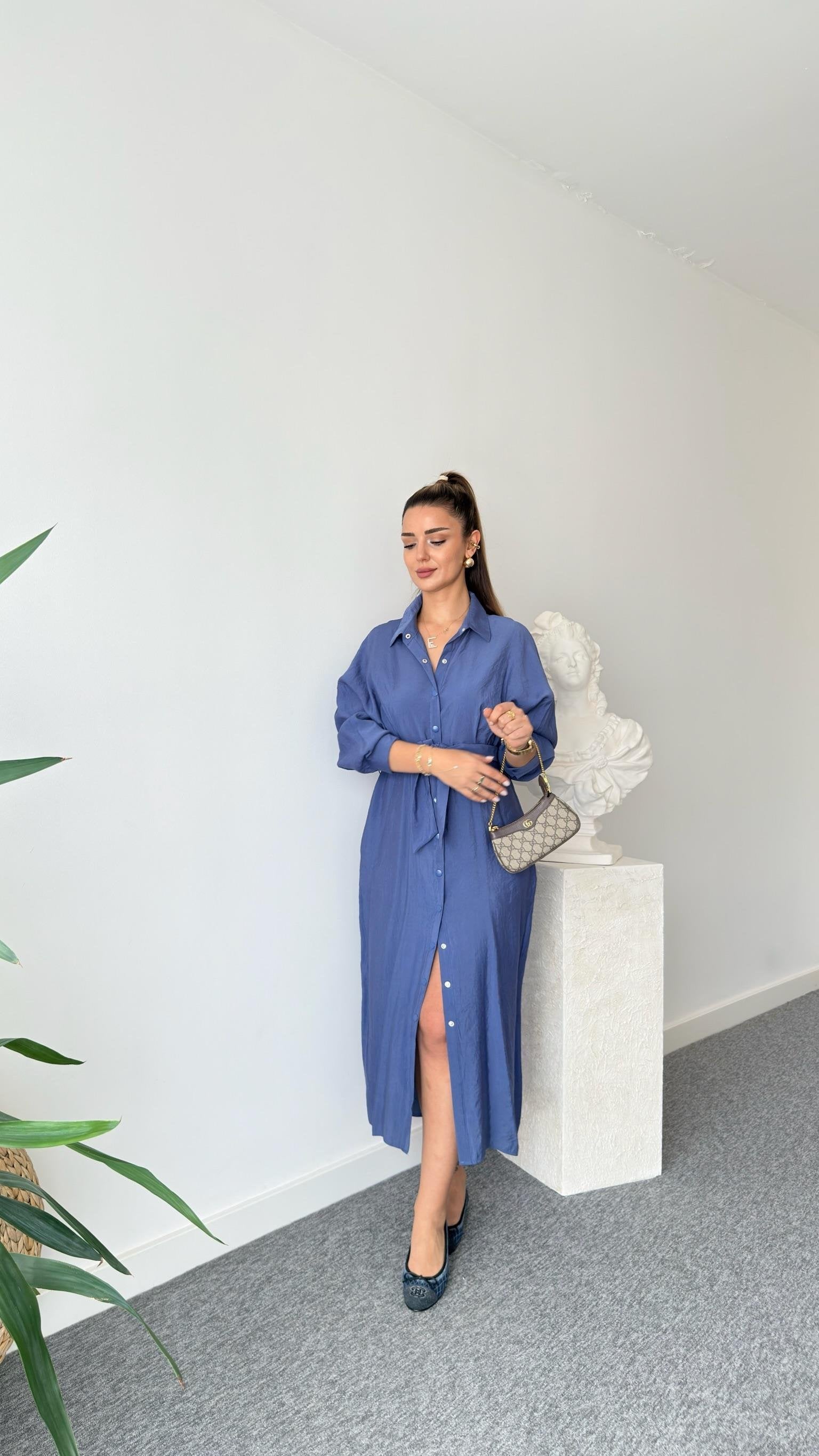 Navy Blue Serna Orj Brand Snap Button Tencel Dress