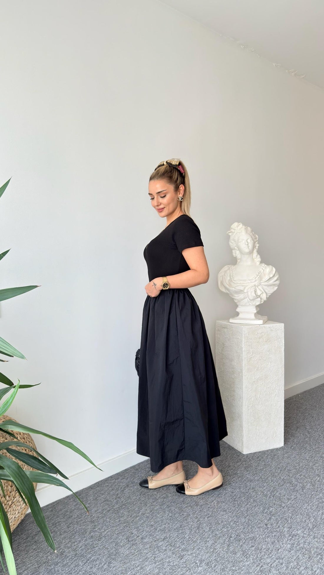 Belted Parachute Black Basic Dress