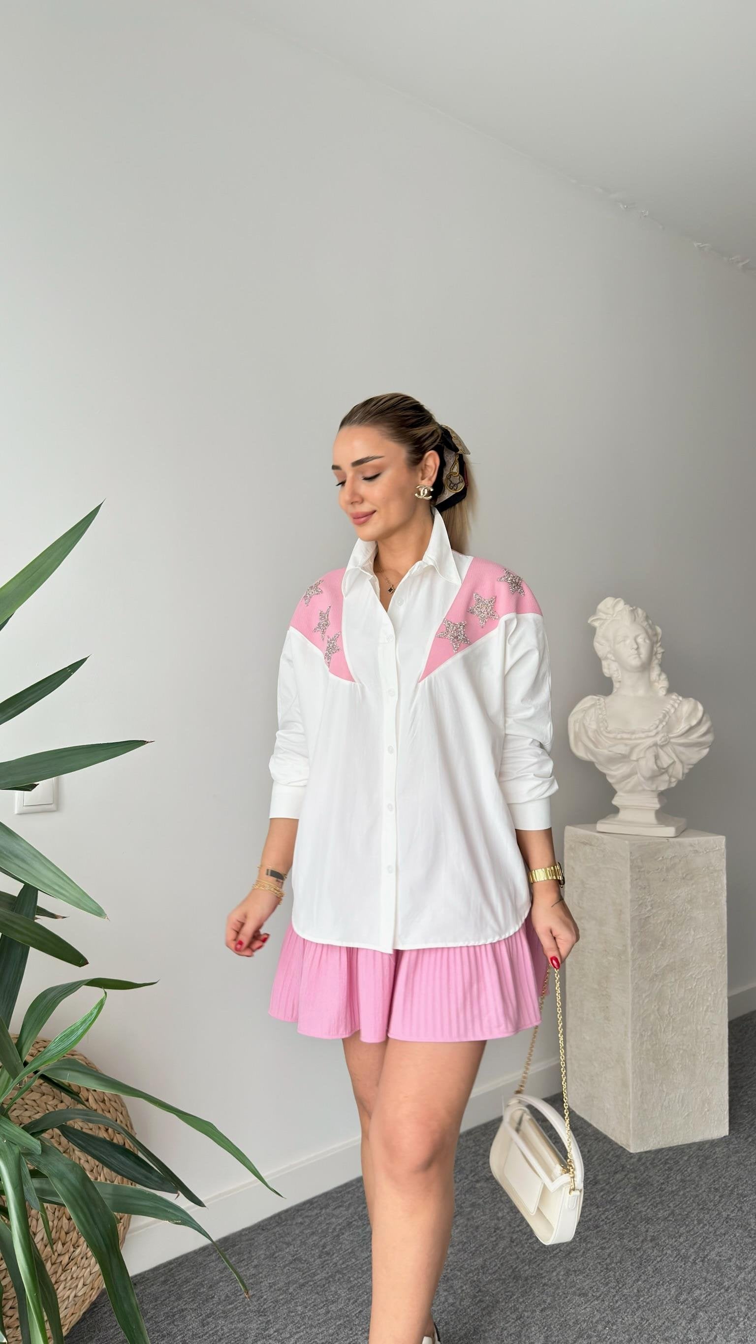 White Shirt with Pink Star Stone Detail