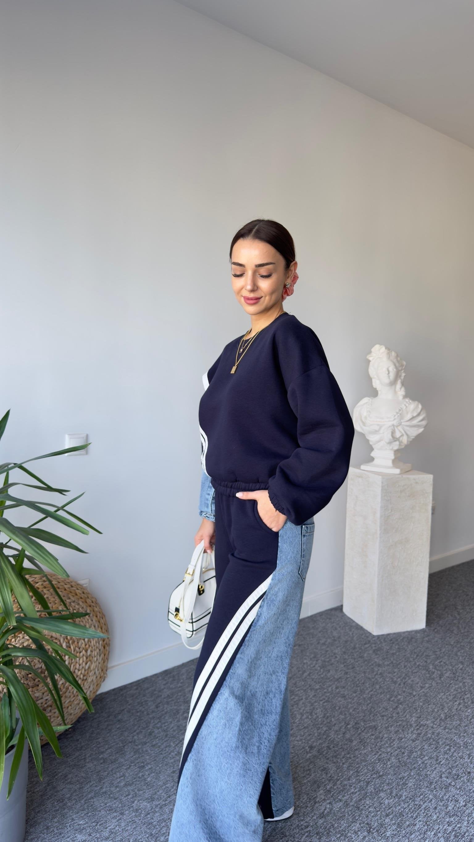 Liyz Striped Denim Detail Navy Tracksuit