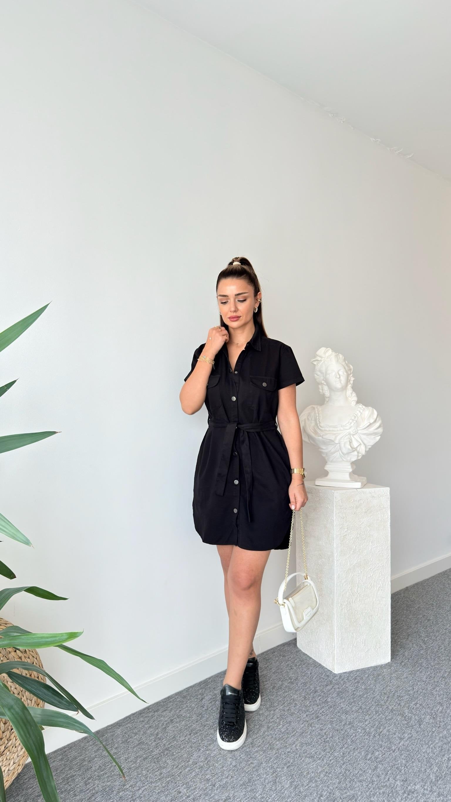 Black Heren Belted Gabardine Dress