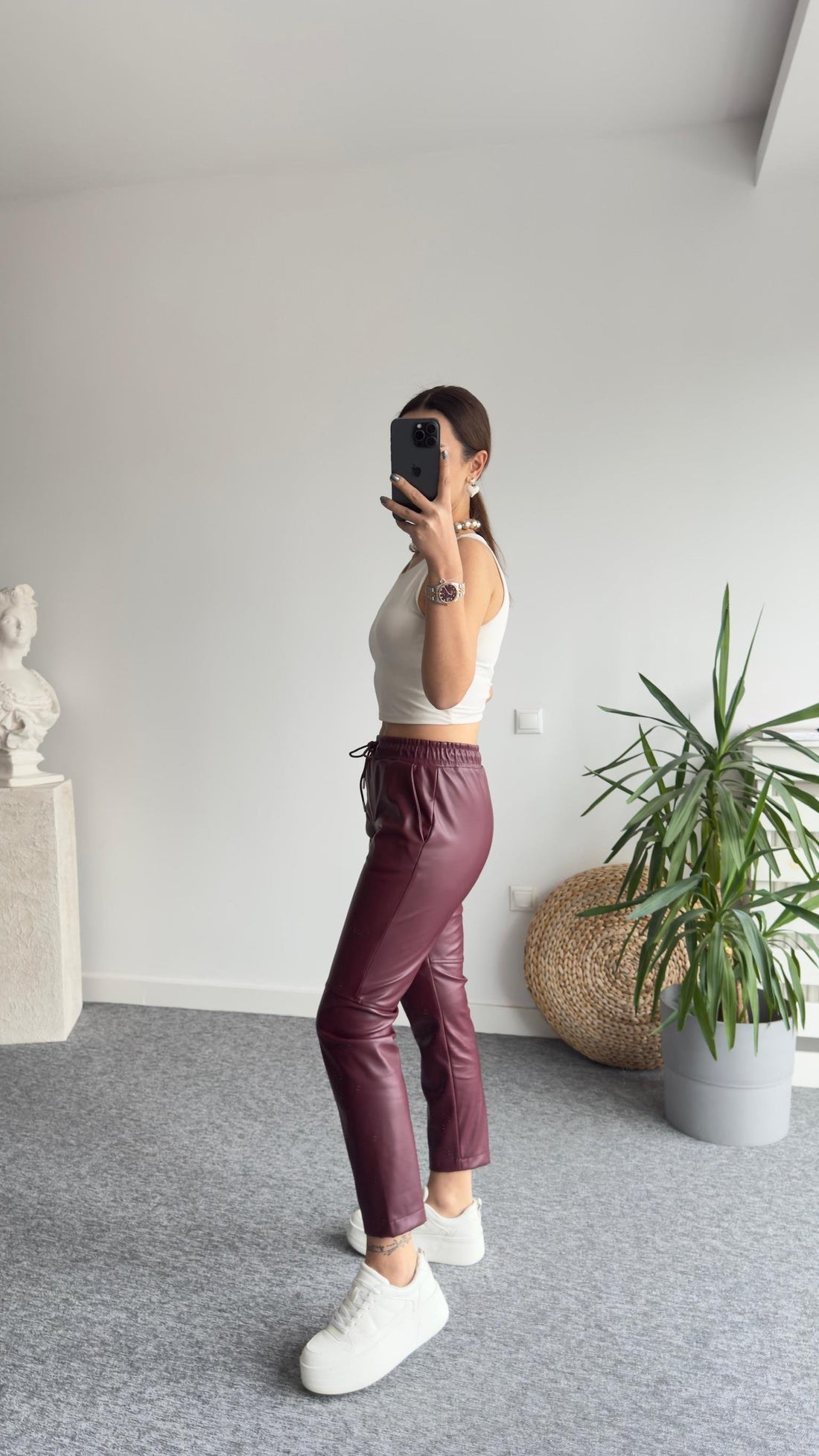 Brand Model Imported Burgundy Leather Trousers