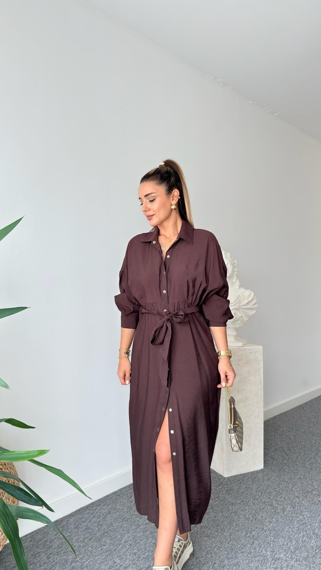 Brown Serna Orj Brand Snap Button Tencel Dress