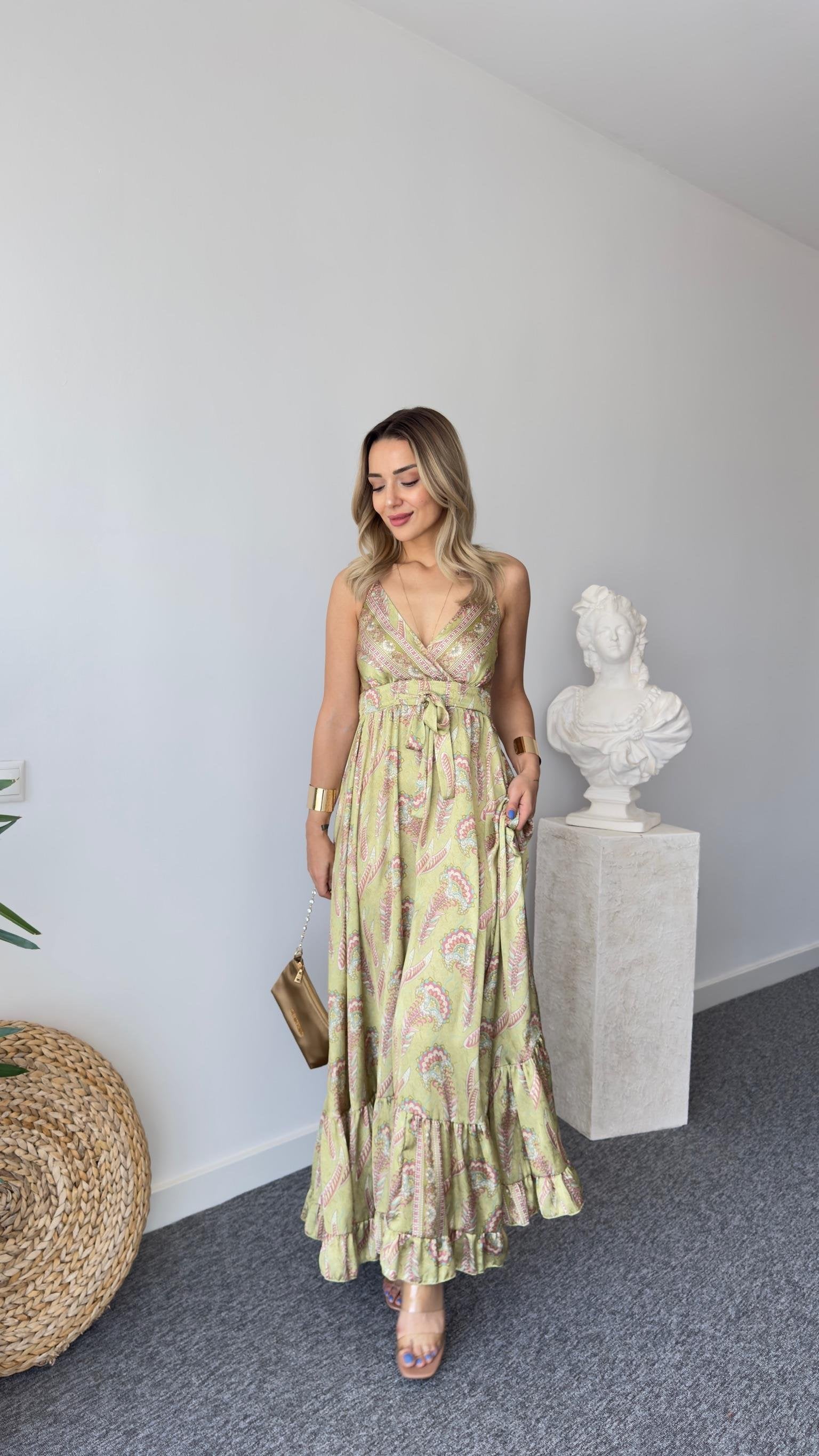 Green Ethnic Pattern Satin Premium Dress