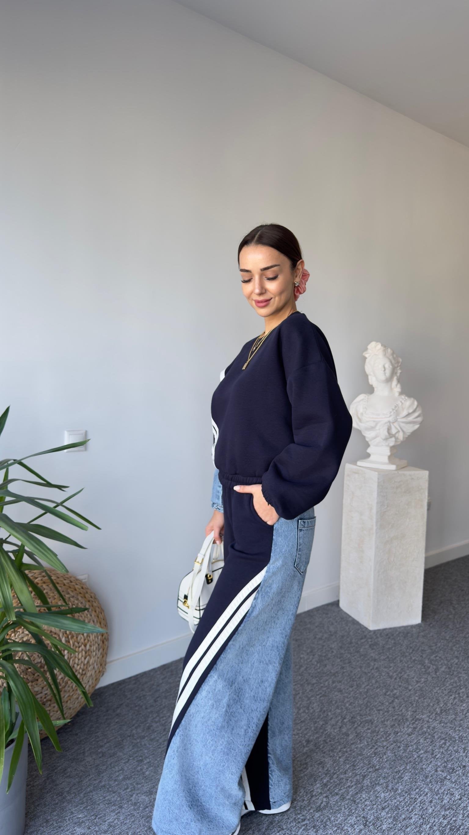 Liyz Striped Denim Detail Navy Tracksuit