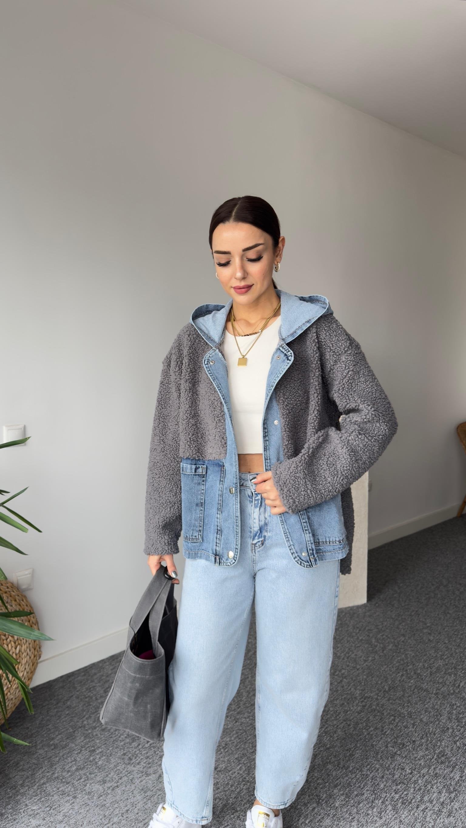 Anthracite Teddy Jacket with Denim Details