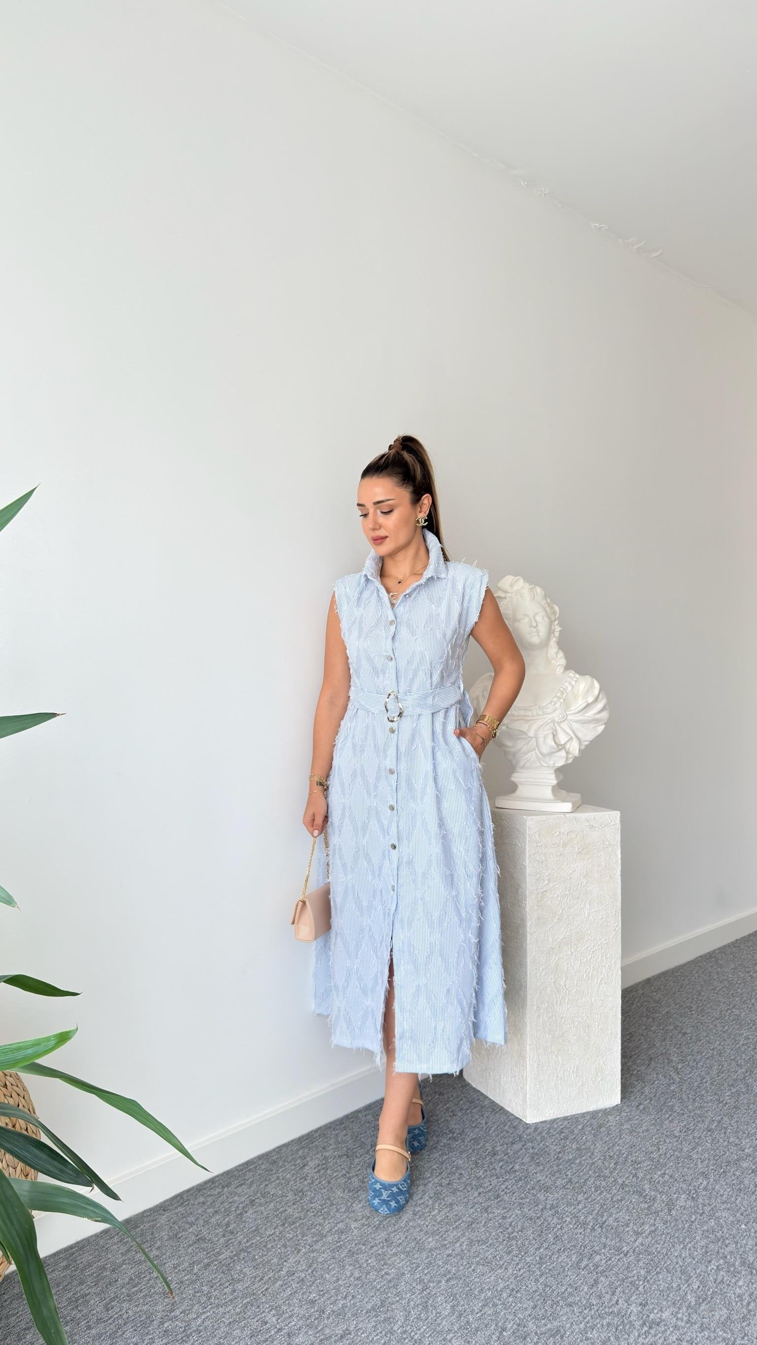 Maria Shoulder Padded Tassel Shirt Dress