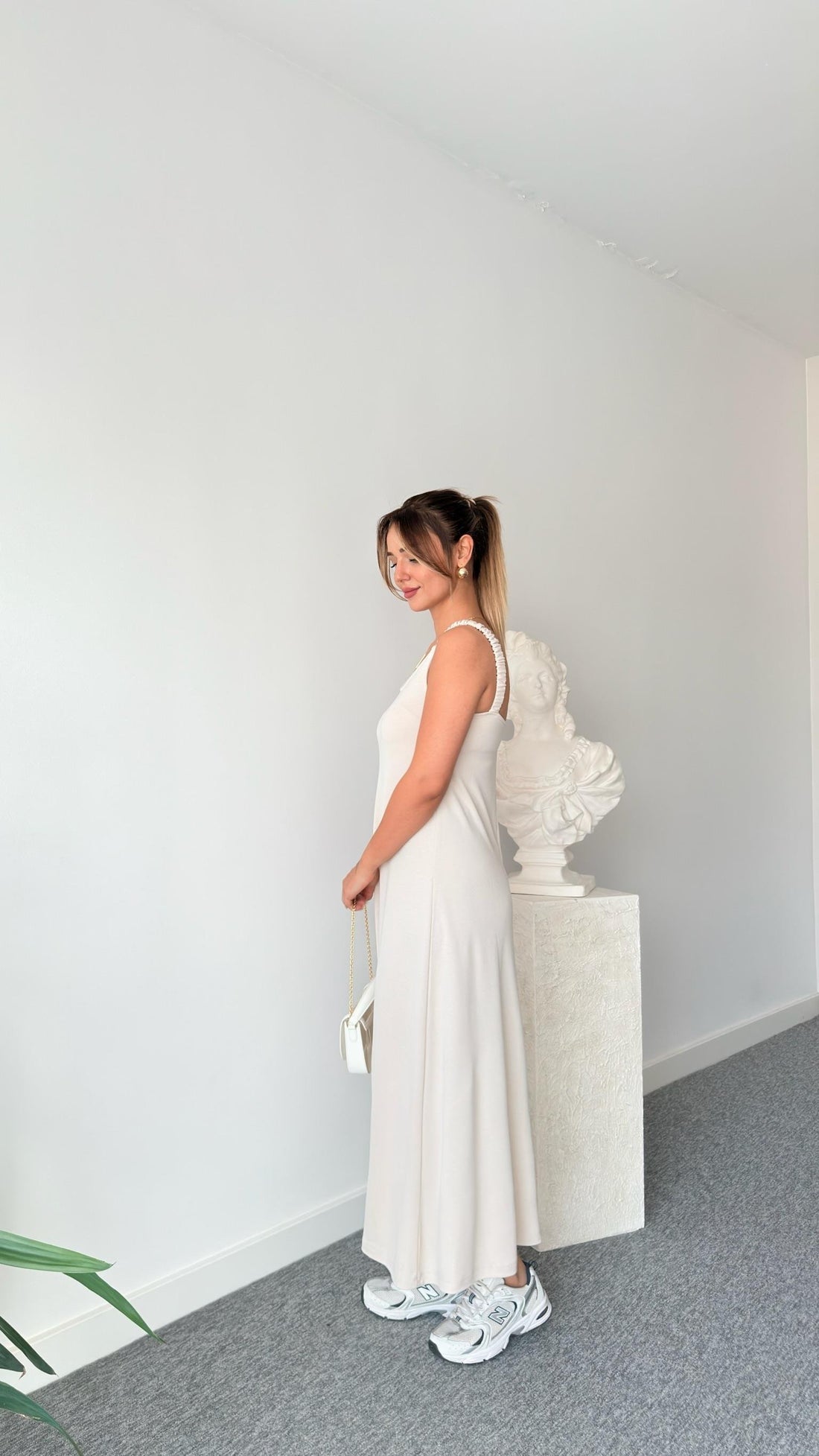 Beige Modal Dress with Elastic Straps white dress