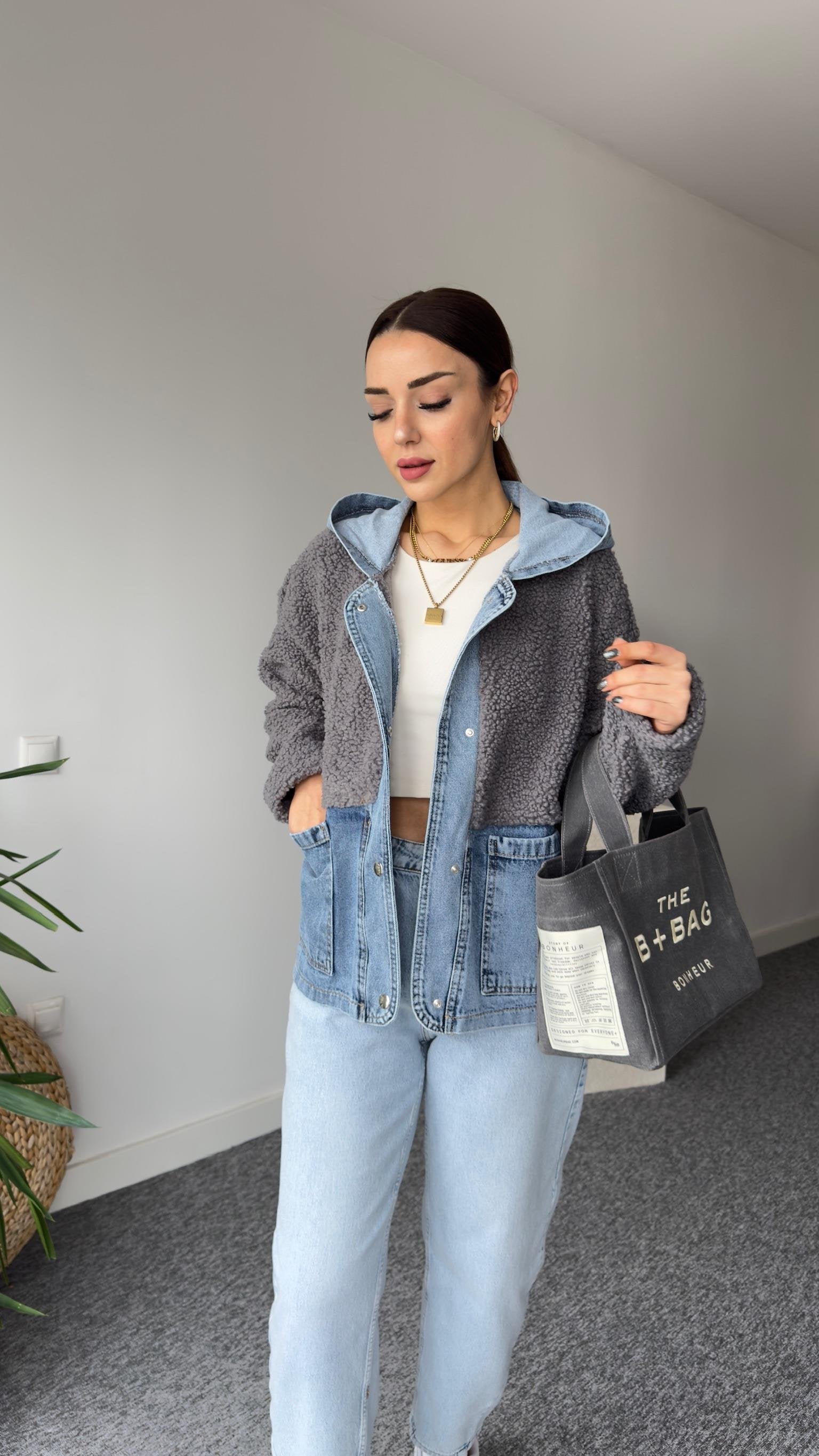 Anthracite Teddy Jacket with Denim Details