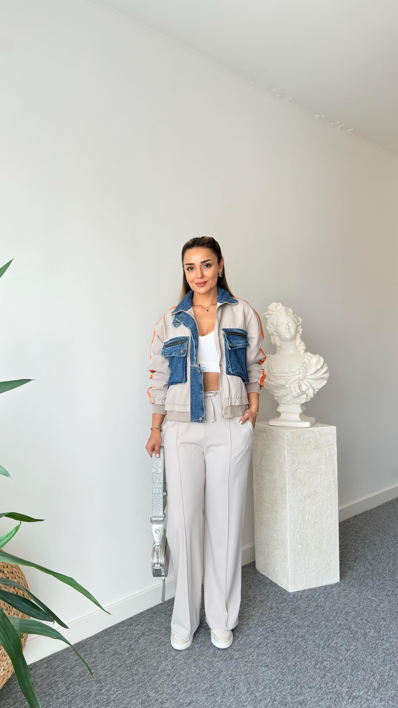 Beige Patrick Denim Garnished Striped Jacket