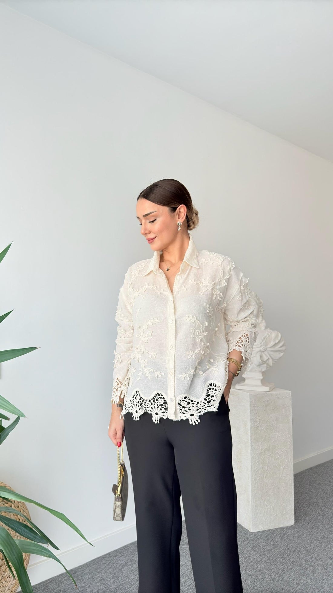 Beige Shirt with Henna Embroidery Detail