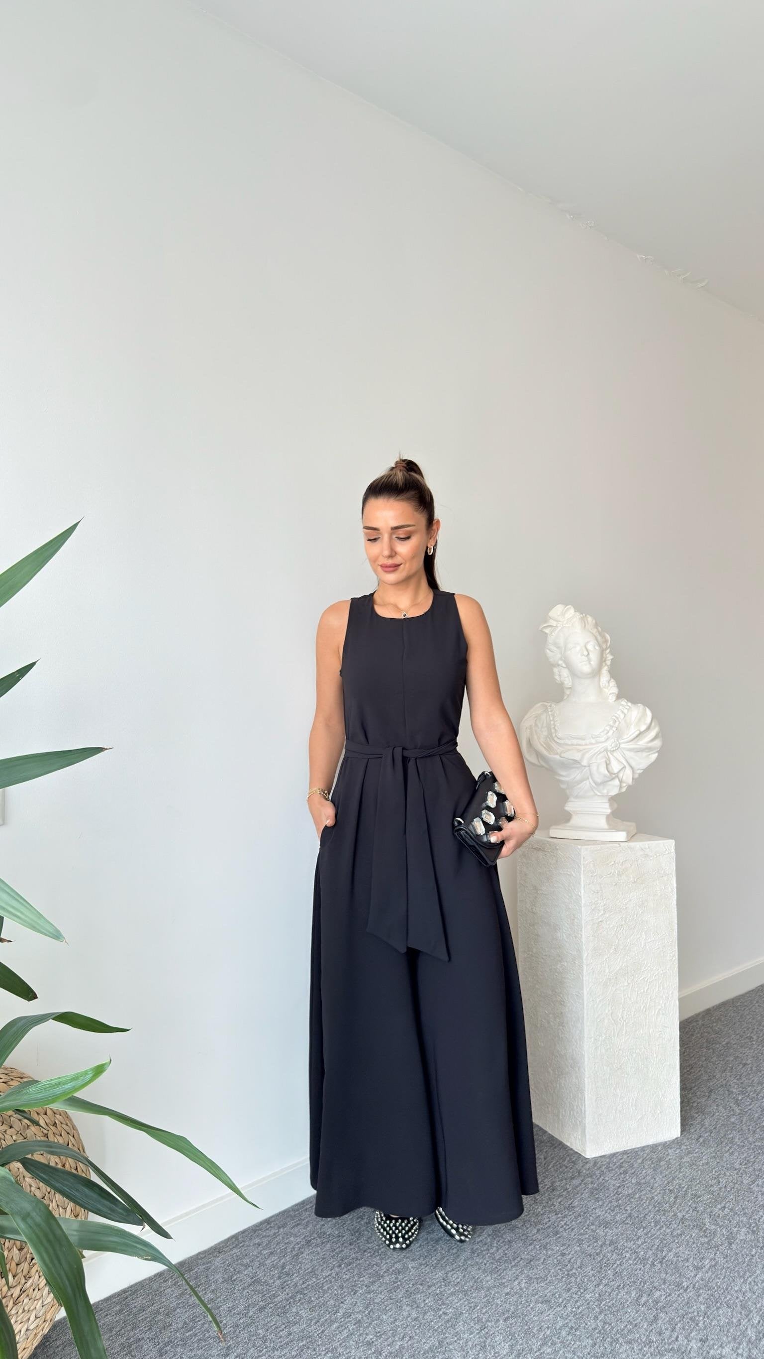 Carta Belted Black Wide Leg Jumpsuit