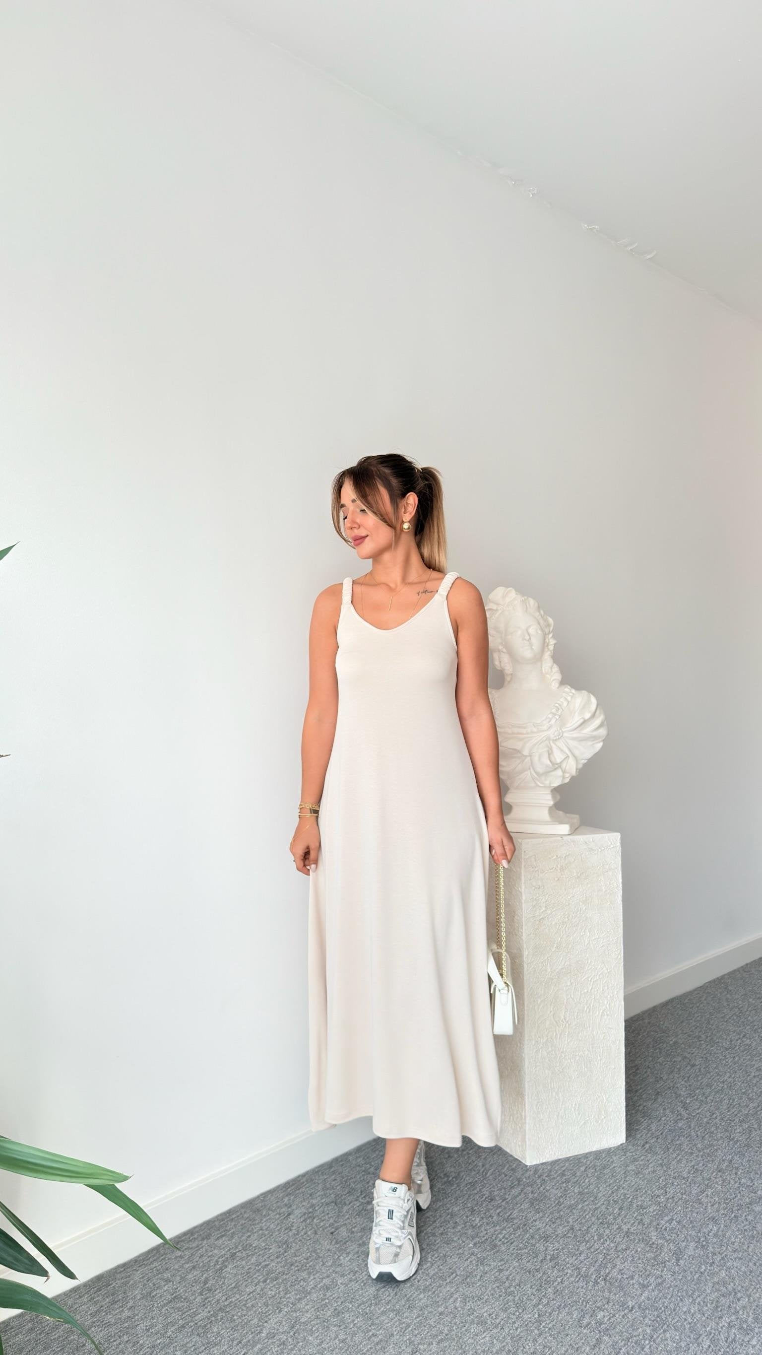 Beige Modal Dress with Elastic Straps white dress