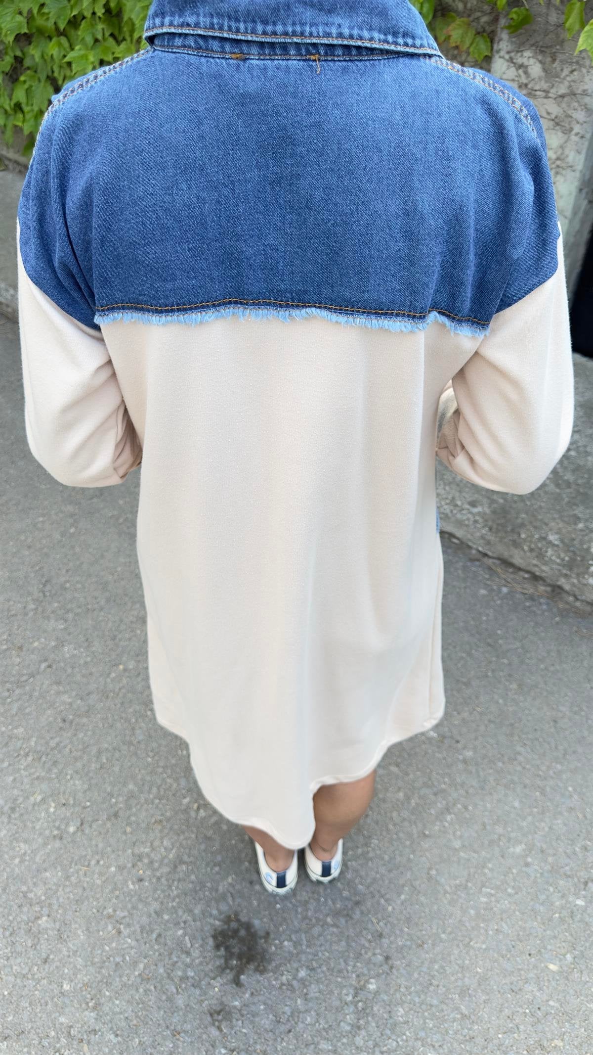 Denim Detail Beige Design Sweat Dress