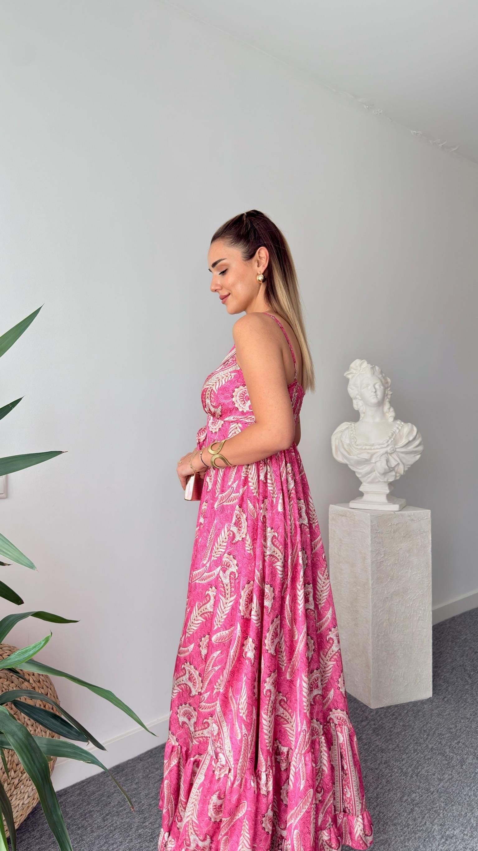 Pink Ethnic Pattern Satin Premium Dress