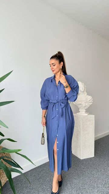 Navy Blue Serna Orj Brand Snap Button Tencel Dress